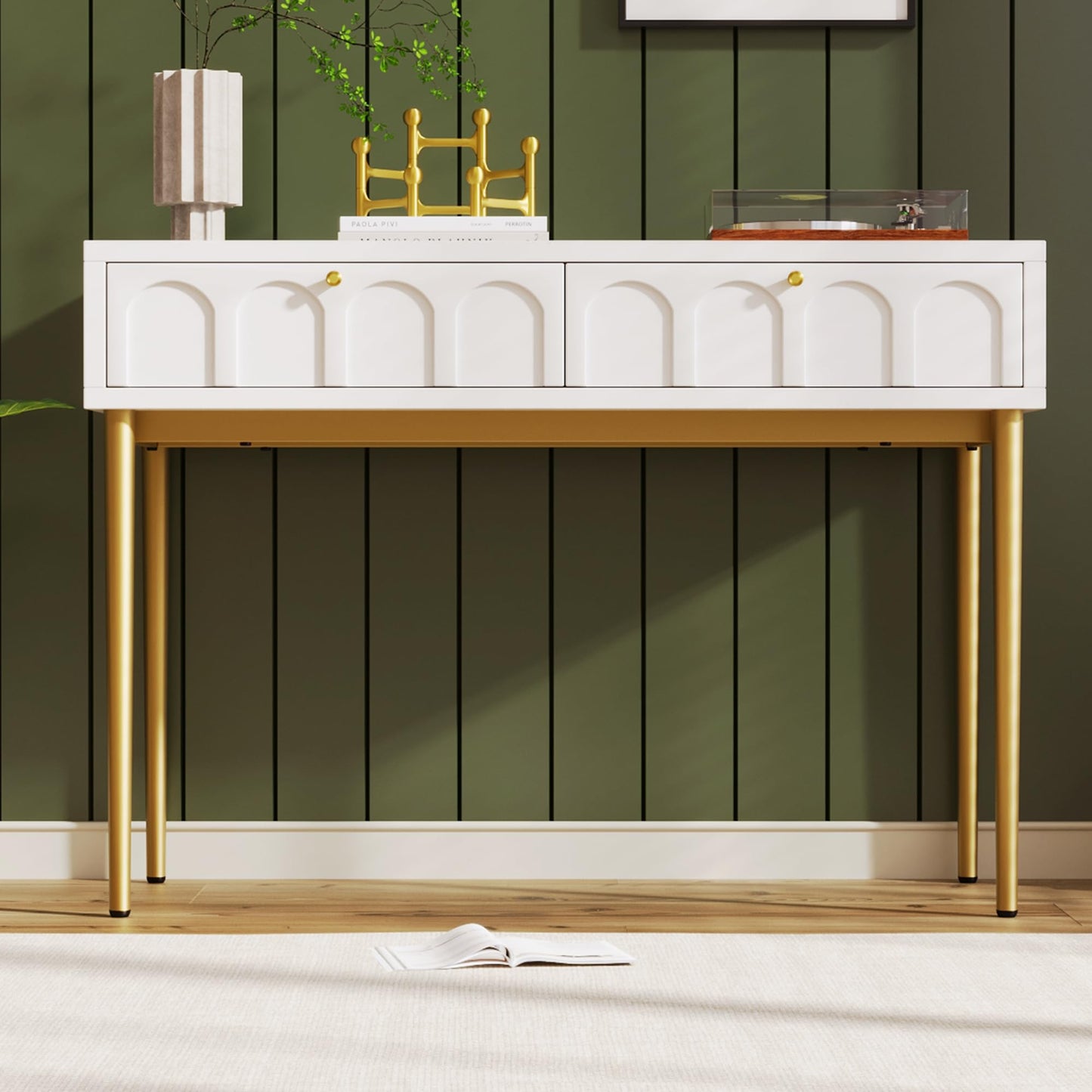 MATONELL Modern Style Double Drawer Dressing Table - Combining Wood & Metal Legs - Spacious Storage, Durable - Suitable for Bedroom, Living & Office - Multi-Purpose Use