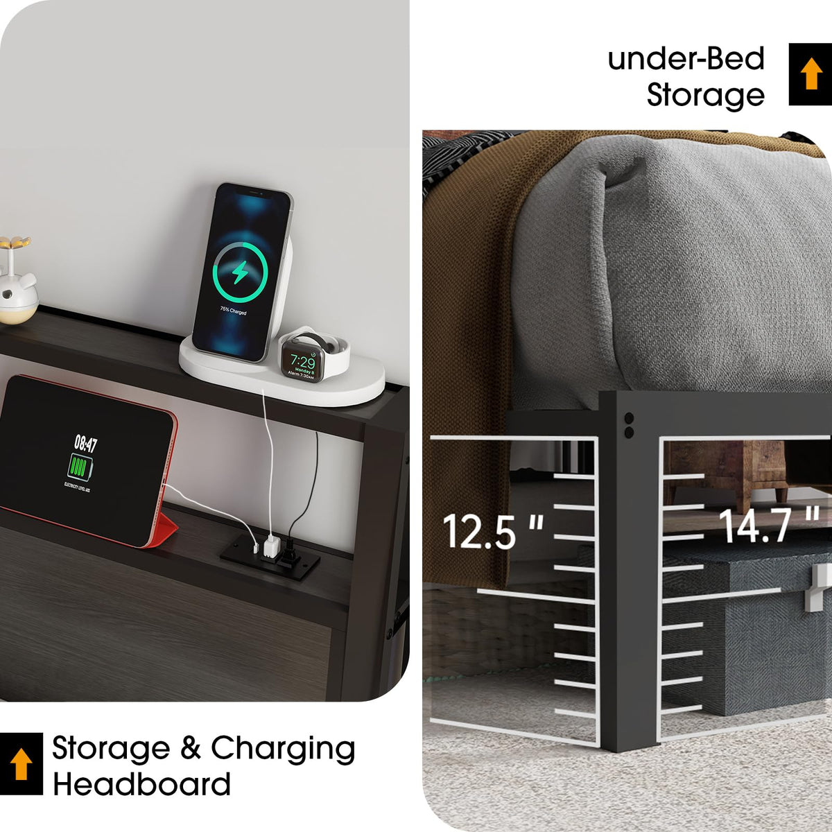 Queen Size Bed Frame with Headboard, Metal Platform Bed Frame with LED Lights & Charging Station, Under Bed Storage, Solid and Stable, No Box Spring Needed, Noise Free, Easy Assembly, Dark Grey