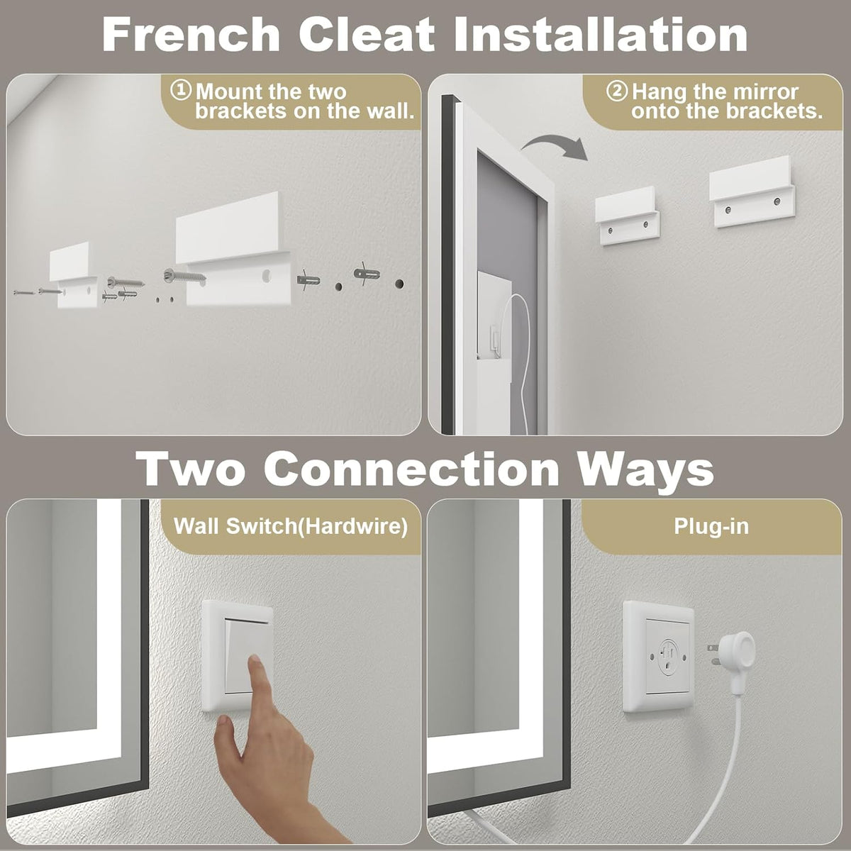 OKPAL 48x36 Black Lighted Bathroom Mirror, LED Bathroom Mirror with Lights, Anti-Fog Lighted Vanity Mirror, Dimmable, Shatterproof, Memory, 3 Colors, ETL Listed (Front Light and Backlit)