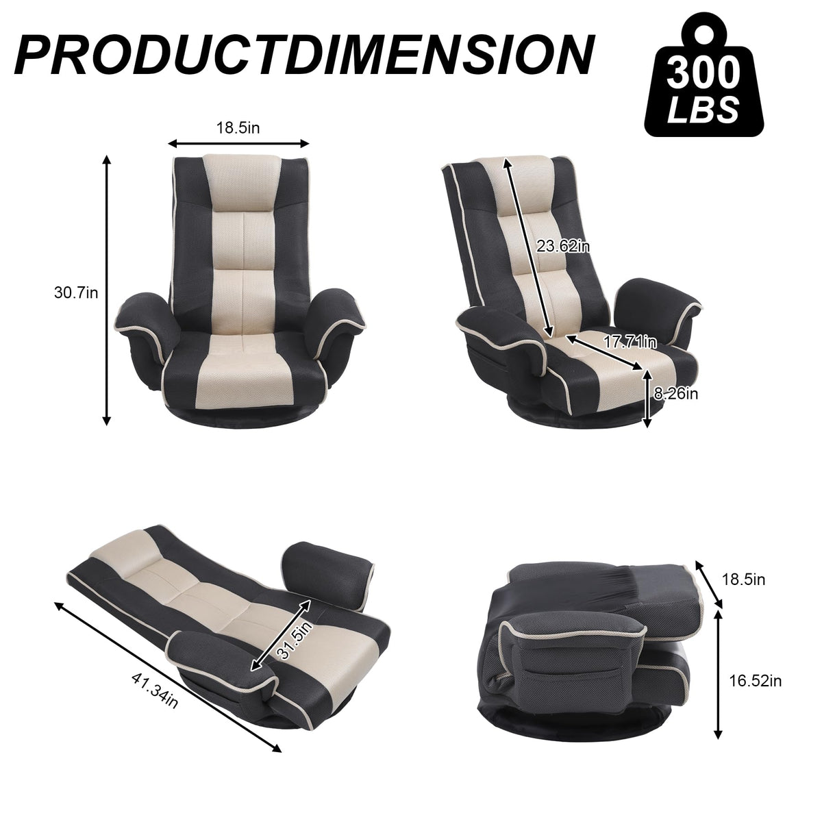 DeeLyan Swivel Floor Chairs for Adults, Floor Gaming Chair with Extra Wide Arms, Back Support 14 Angles Adjustable Comfortable Double Mesh Fabric Lazy Sofa for Video Game Chairs 201 (Grey + Beige)