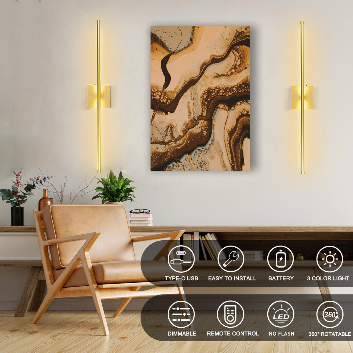 LED Wireless Wall Sconce with Remote Control (Set of Two), USB Rechargeable Battery Powered Indoor Wall Lamps, Dimmable, 360° Rotate,Timing, 28.3 inch Gold Wall Lights for Hallway/Living Room/Bedroom