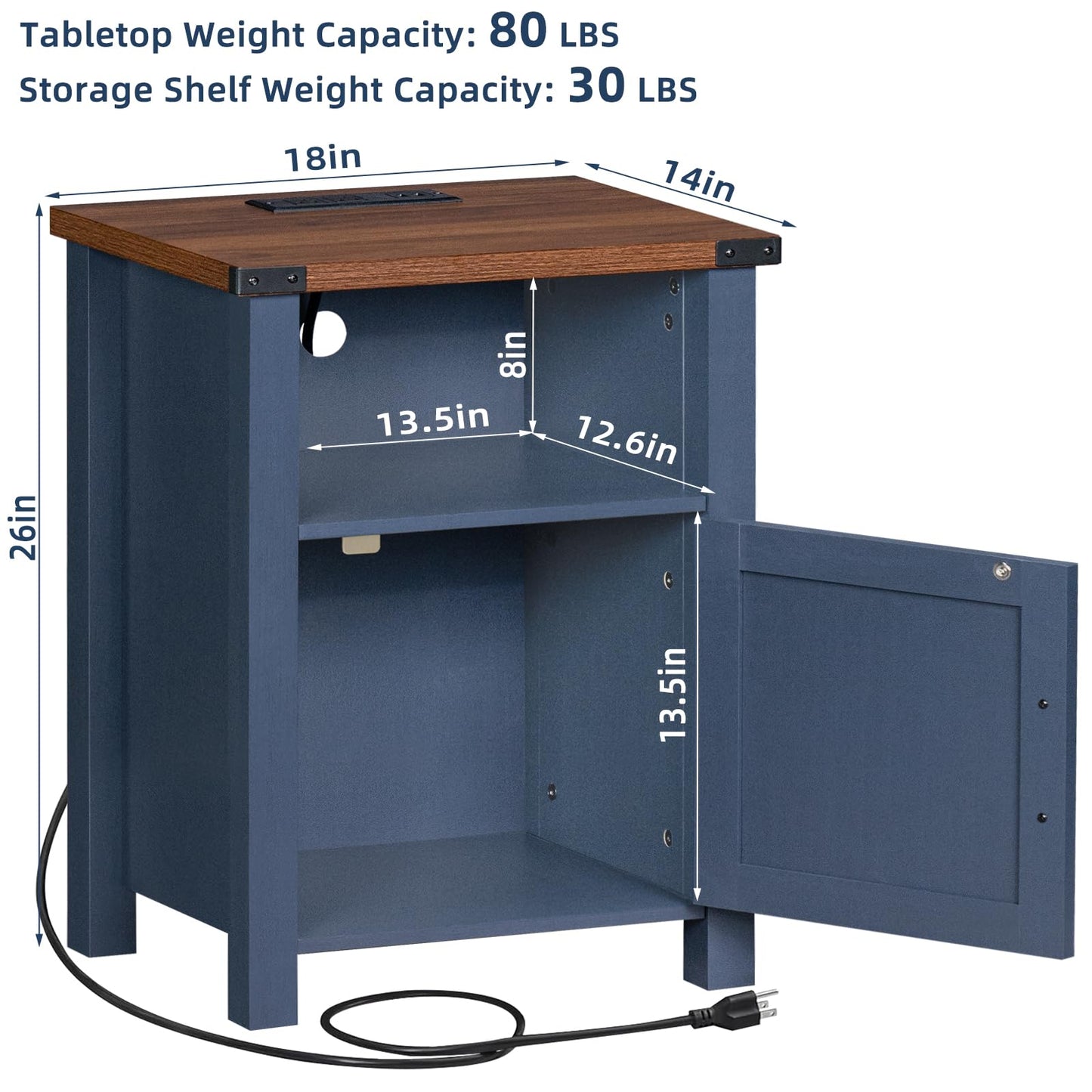 Joaxswe Night Stand Set of 2, 18 Inch Farmhouse Nightstand with with Charging Station and USB Port, Rustic Couch End Table with Magnetic Door, Wood Bed Side Tables for Bedroom, Home, Navy Blue