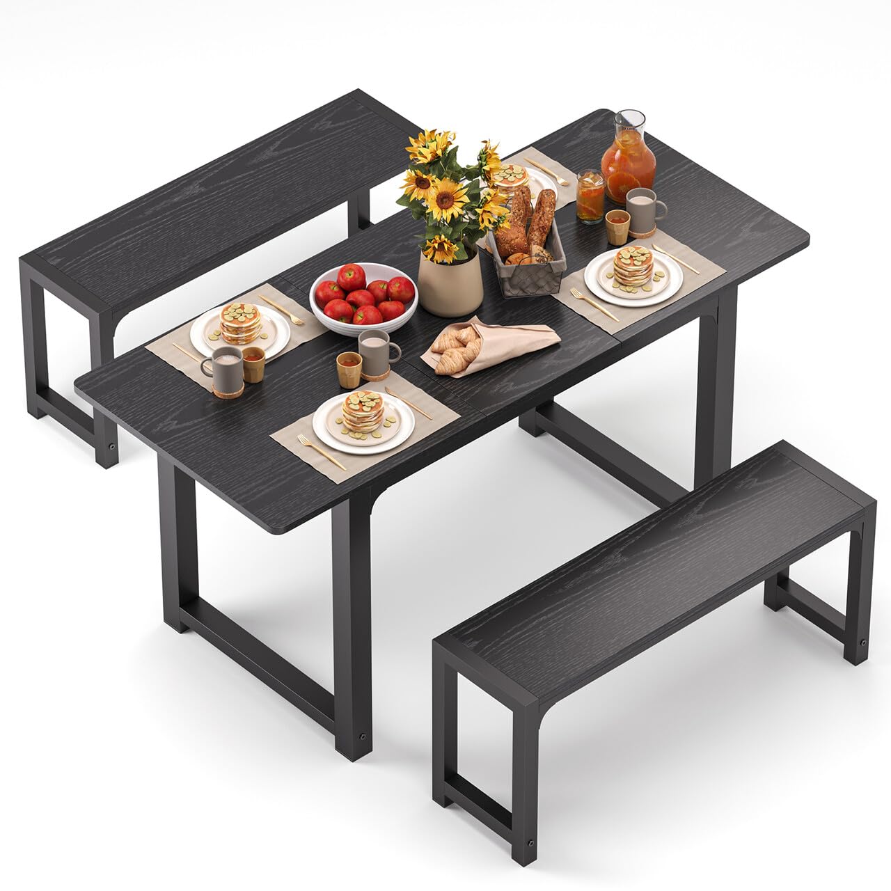 Gizoon 63” Kitchen Table Sets for 4 with 2 Benches Extendable Dining Table Set for 4 with Chairs Dining Room Table and Chairs for Kitchen Apartment Outdoor and Home Office, Black