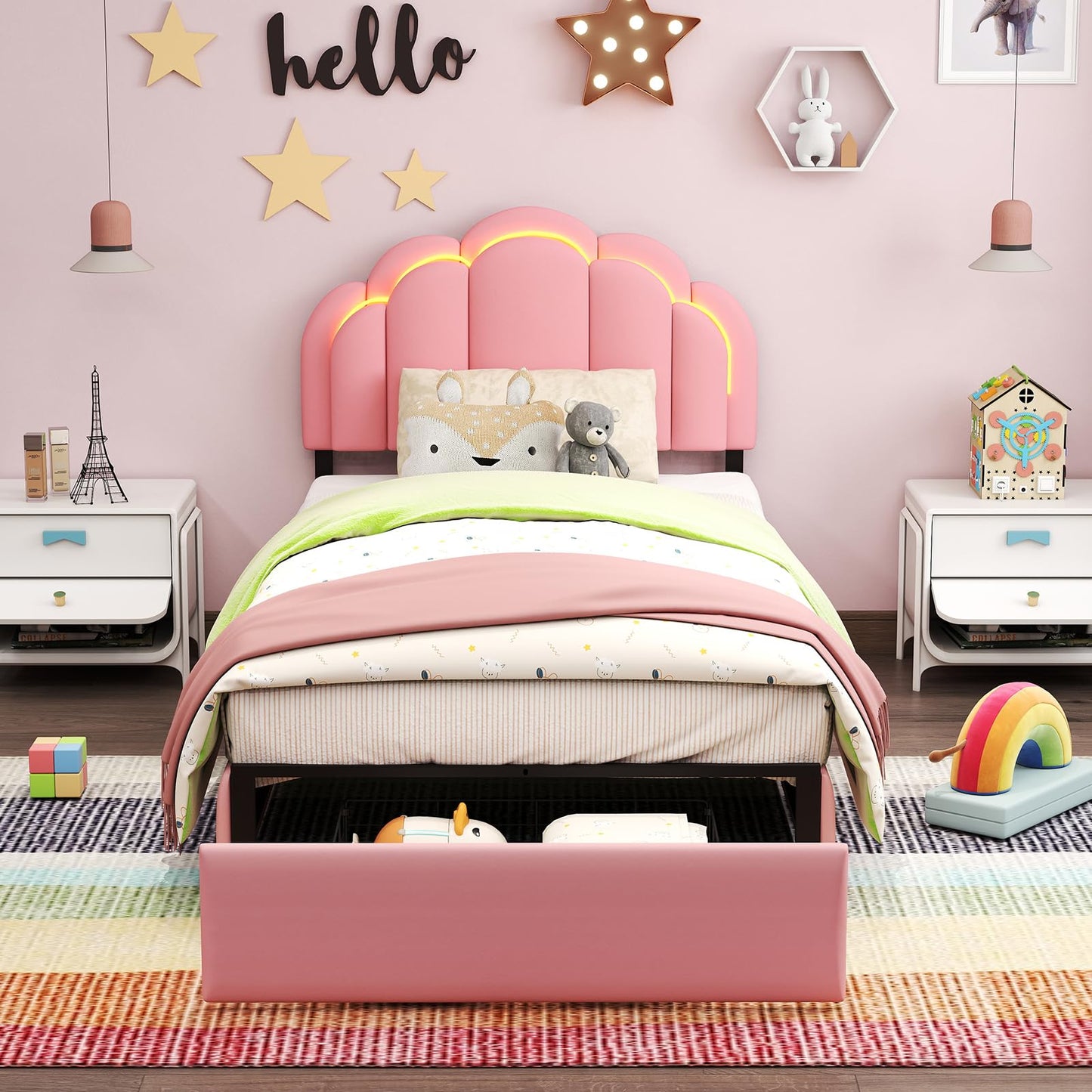 SADENICEL Twin Upholstered LED Bed Frame with Storage Drawer, Chic Double Wavy Headboard, Velvet Princess Platform Bed, Solid Wood Slats Support,No Box Spring Needed, Pink