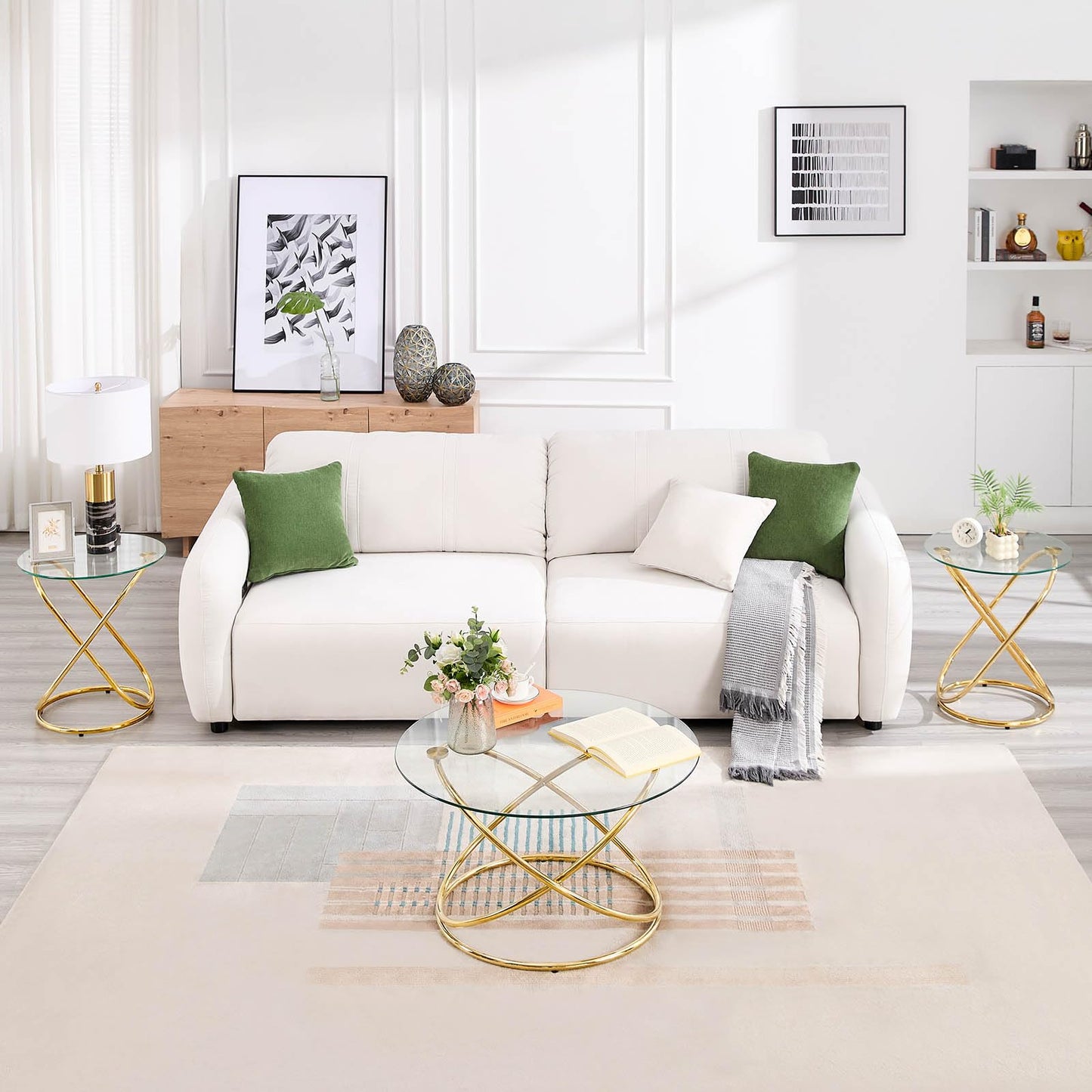 BECHAEO 31.5'' Round Glass Coffee Table with Gold-Plating Bright Metal Oval Frame, Modern Circle Gold Coffee Table for Living Room