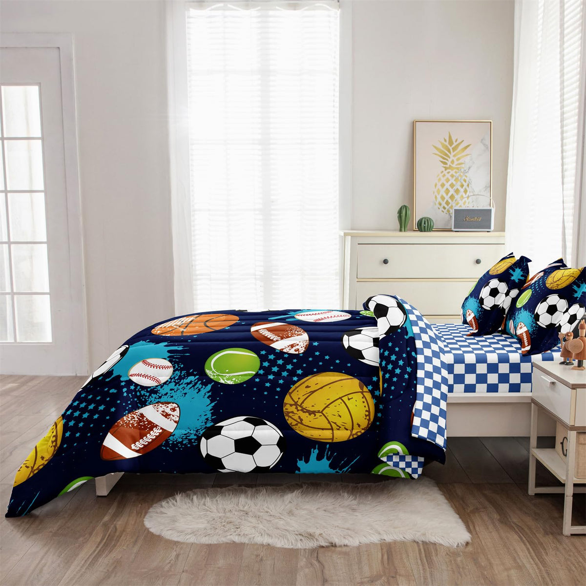 Leaflin Kids Boys Comforter Set Twin Bed in a Bag w/Sheet Sets, Blue Twin Bedding Sets for Teens Soccer Basketball Baseball Football Sports Themed Bedroom Decor Reversible Design