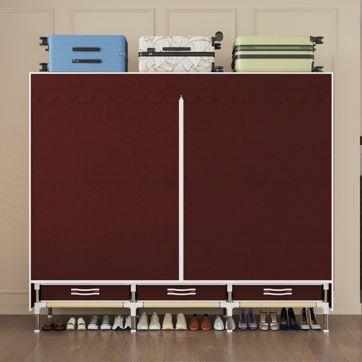 LEAIJIAFY Portable Wardrobe, Metal Frame with Crimson Non-Woven Cover, 3 Hanging Rods, 3 Drawers, 3 Lockers,Portable Wardrobe with Drawers, Clothing Storage, Bedroom
