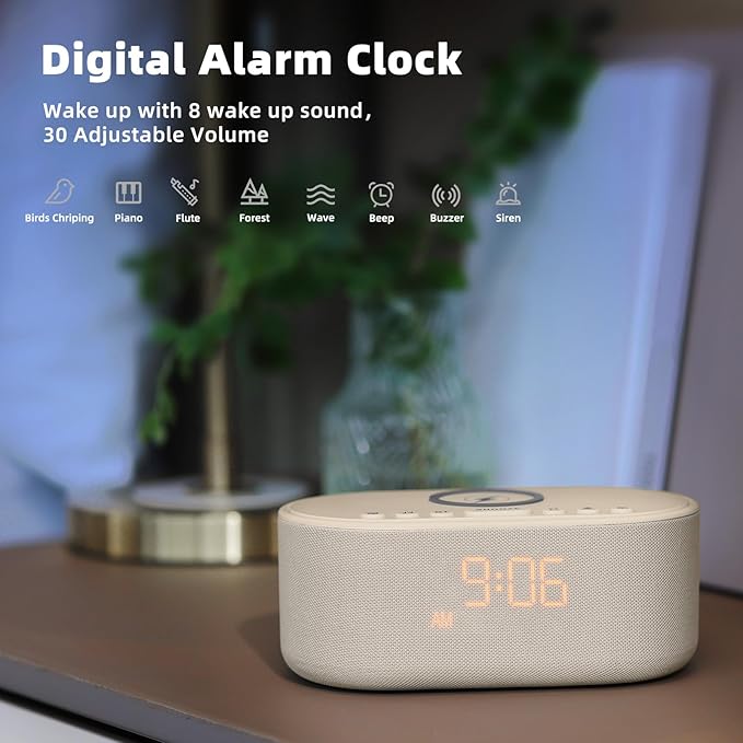 Sound Machine Alarm Clock for Bedrooms: Bluetooth 10W Stereo Speaker with Wireless Charging - White Noise Machine for Sleeping with 21 Soothing Sounds - Putty