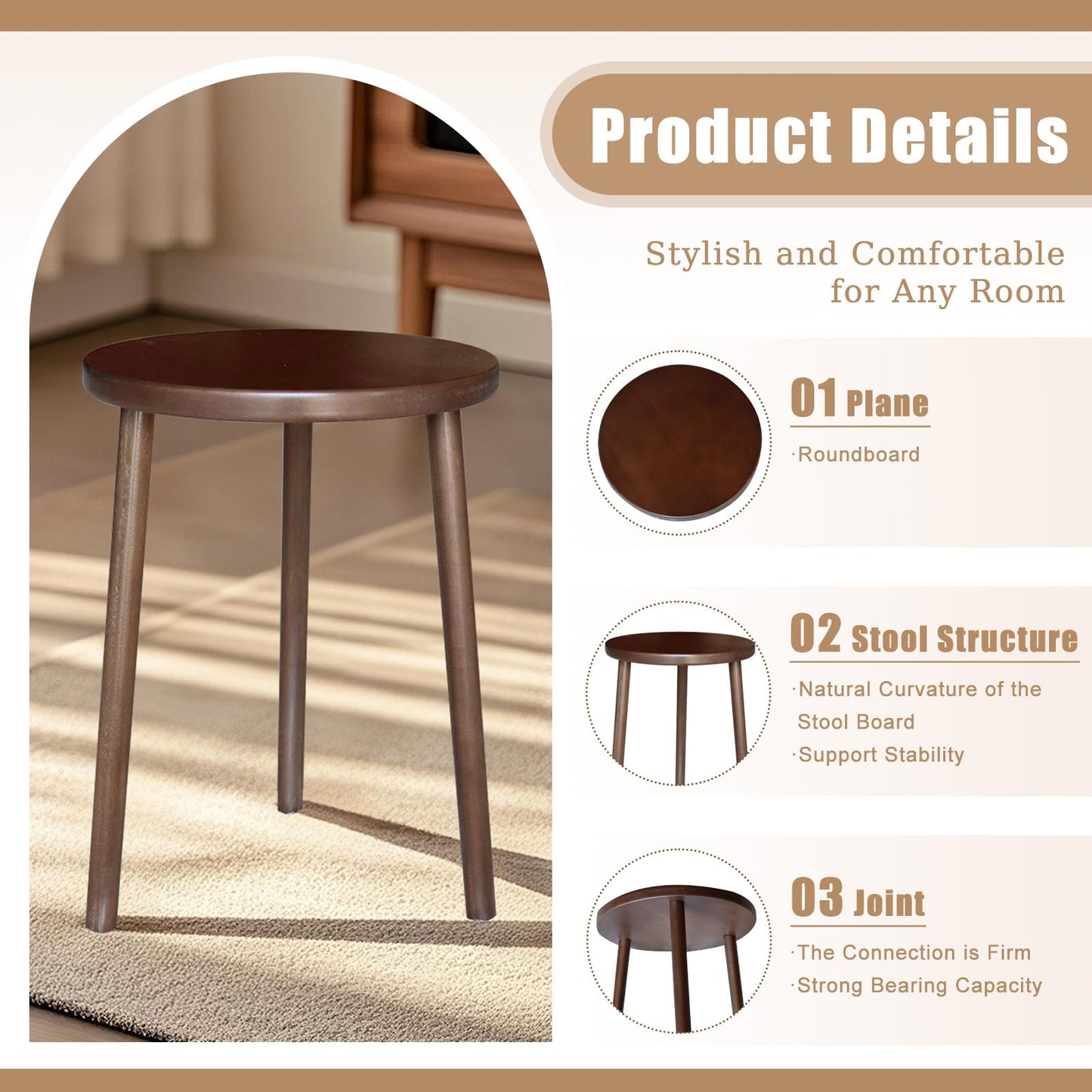 Buzleer Walnut Side Table, Round End Table, Solid Rubberwood Small Accent Table, Drink Table with 3 Legs for Living Room, Bedroom, Balcony, and Small Spaces