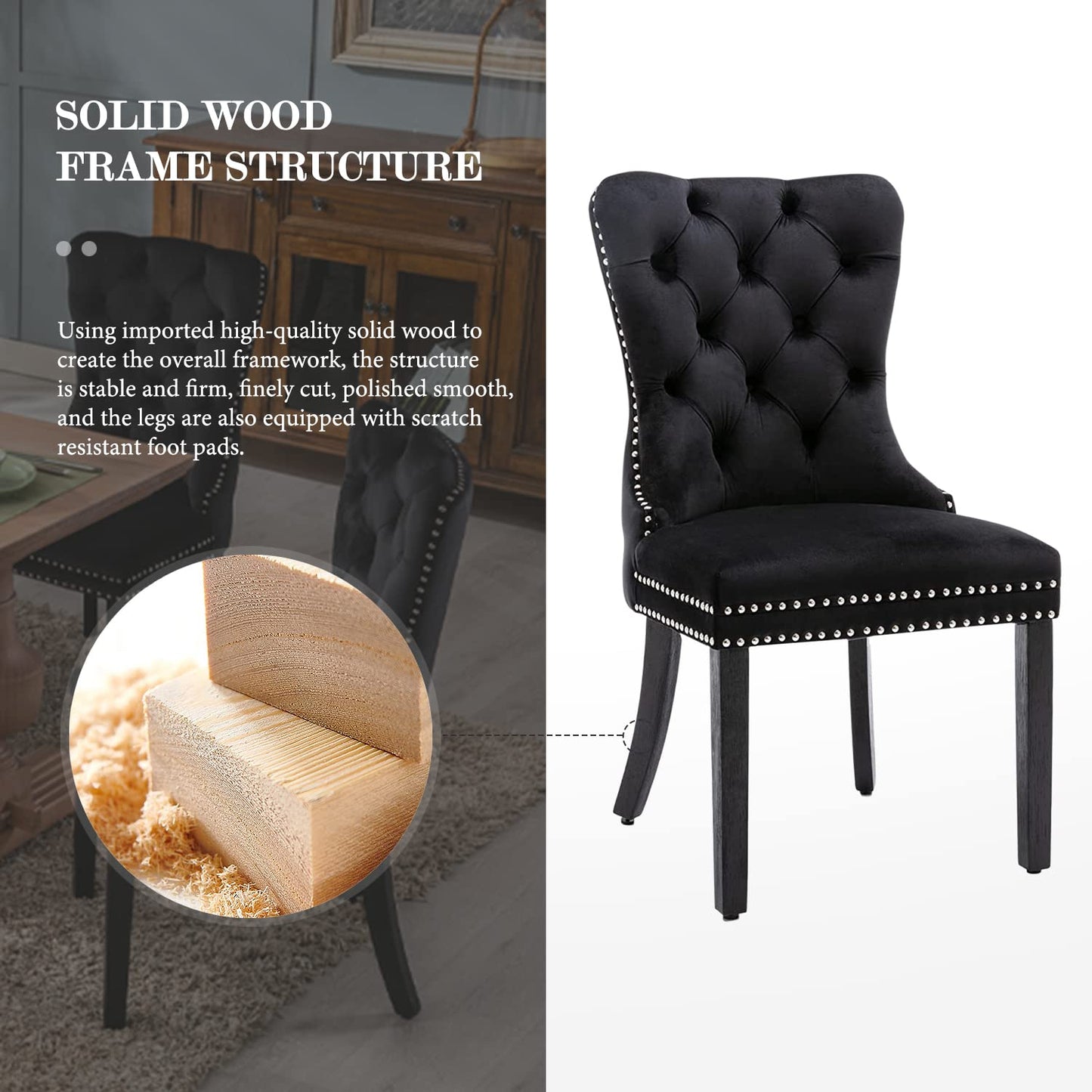 Eifizek Velvet Dining Chairs Set of 6, Tufted Dining Room Chairs with Nailhead Ring Pull Trim, Upholstered Dining Chairs with Solid Wood Legs for Kitchen Dining Room, Sillas De Comedor (Black)