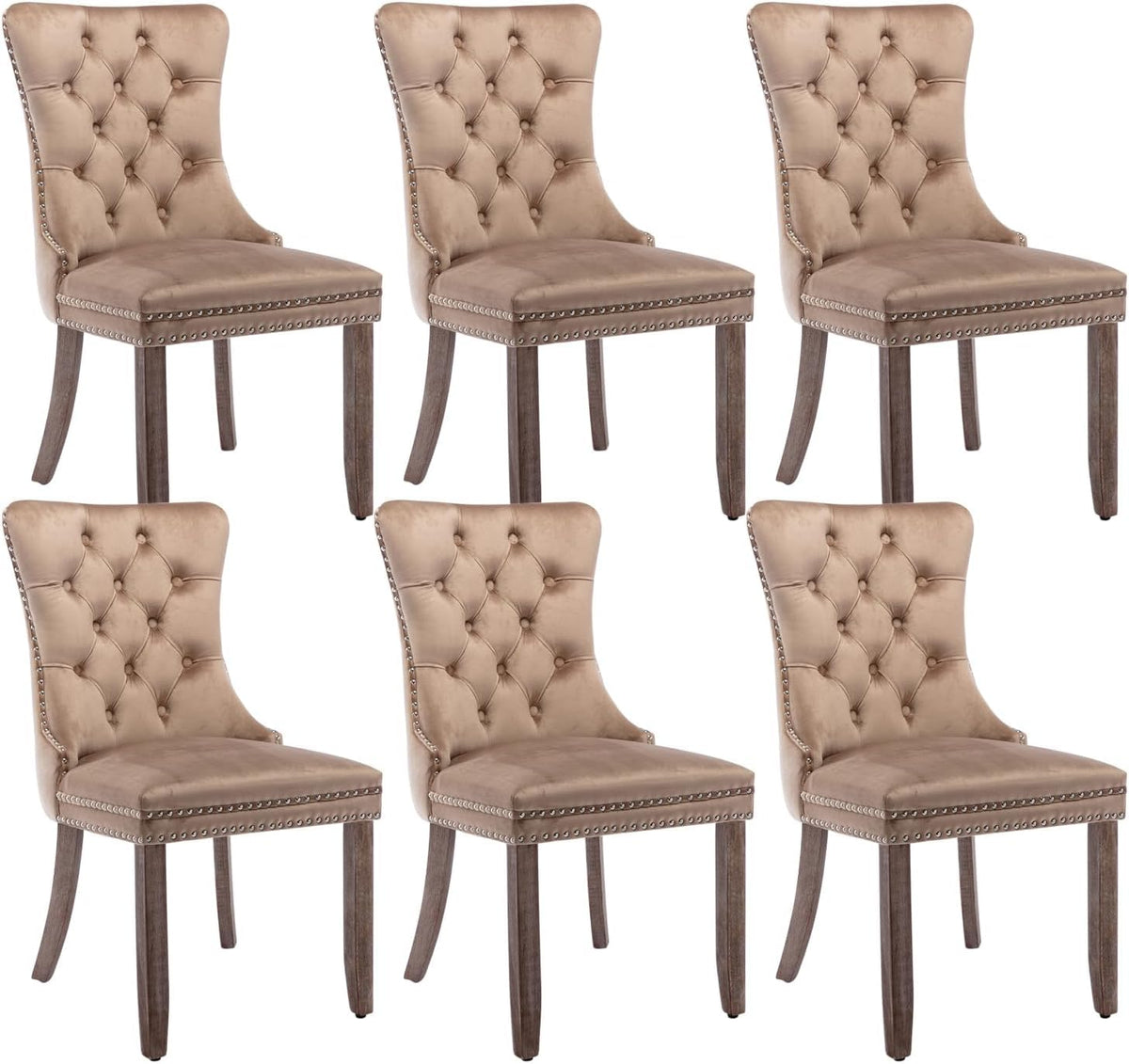 Eifizek Velvet Dining Chairs Set of 6, Tufted Dining Room Chairs with Nailhead Ring Pull Trim, Upholstered Dining Chairs with Solid Wood Legs for Kitchen Dining Room (Khaki)