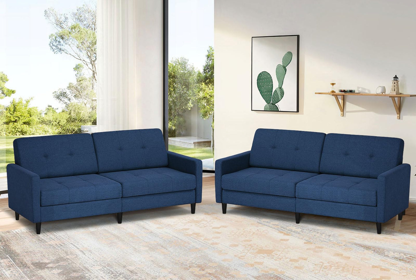 Lesofair 77" Linen Fabric Sofa Bed with Adjustable Backrests, Convertible Loveseat Sofa with Storage Space, Modern Sleeper Couch with Wooden Legs for Living Room, Bedroom, Blue