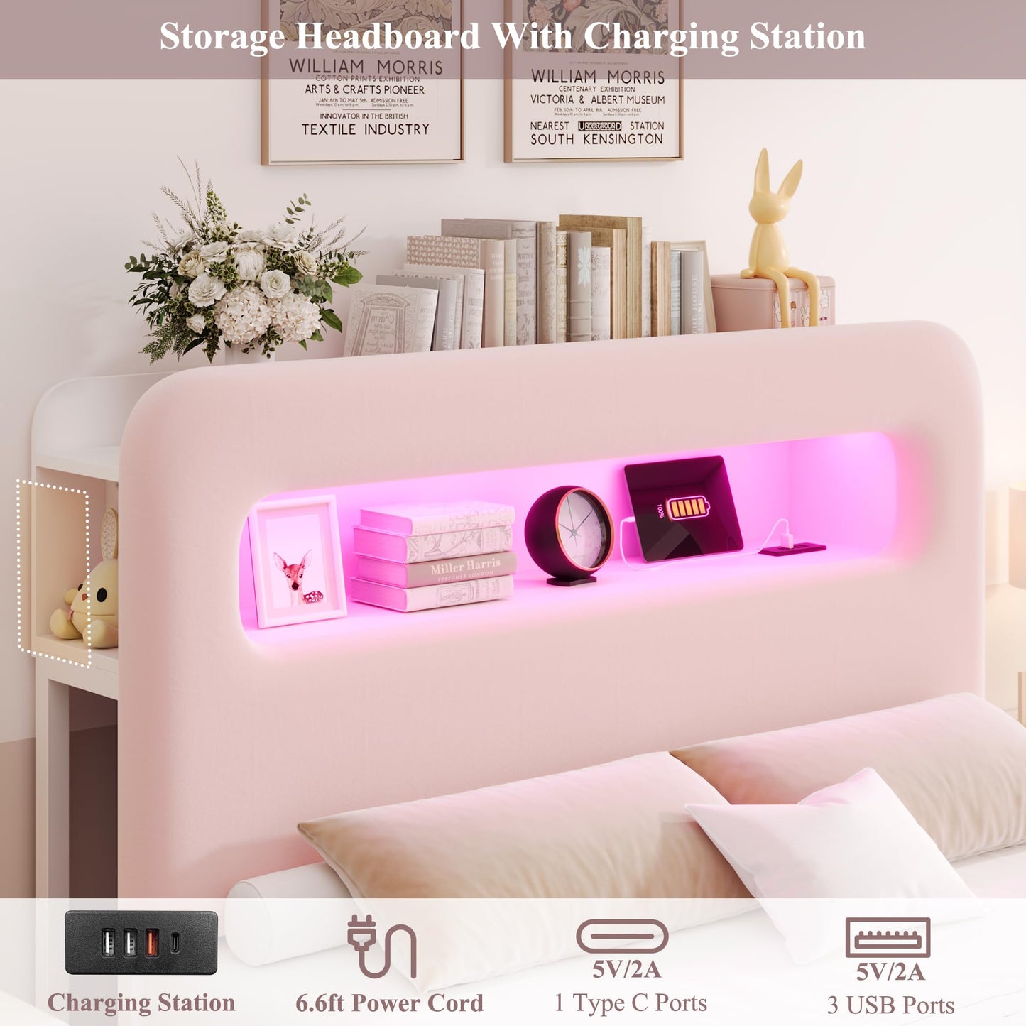 HOSTACK Full LED Bed Frame with Storage Headboard and Charging Station, Girls Bed Frame with 4 Drawers and USB Ports, Velvet Upholstered Platform Bed Frame with Bookcase, No Box Spring Needed, Pink
