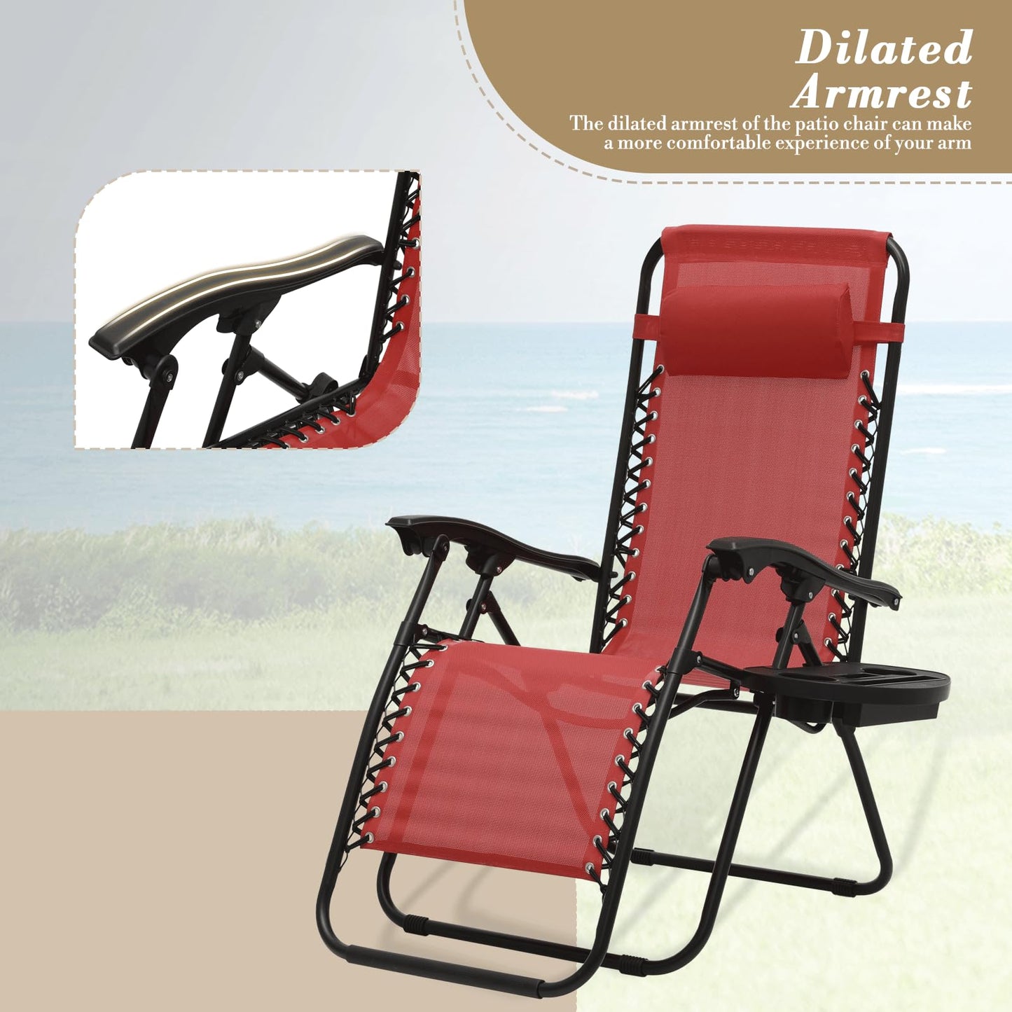 Athena Collection Zero Gravity Outdoor Lounge Chair Set of 2 with Cup Holder, 25" Width Pool Lounge Lawn Chairs Reclining, Outdoor Chaise for Beach Patio Backyard Outside, Dark Red