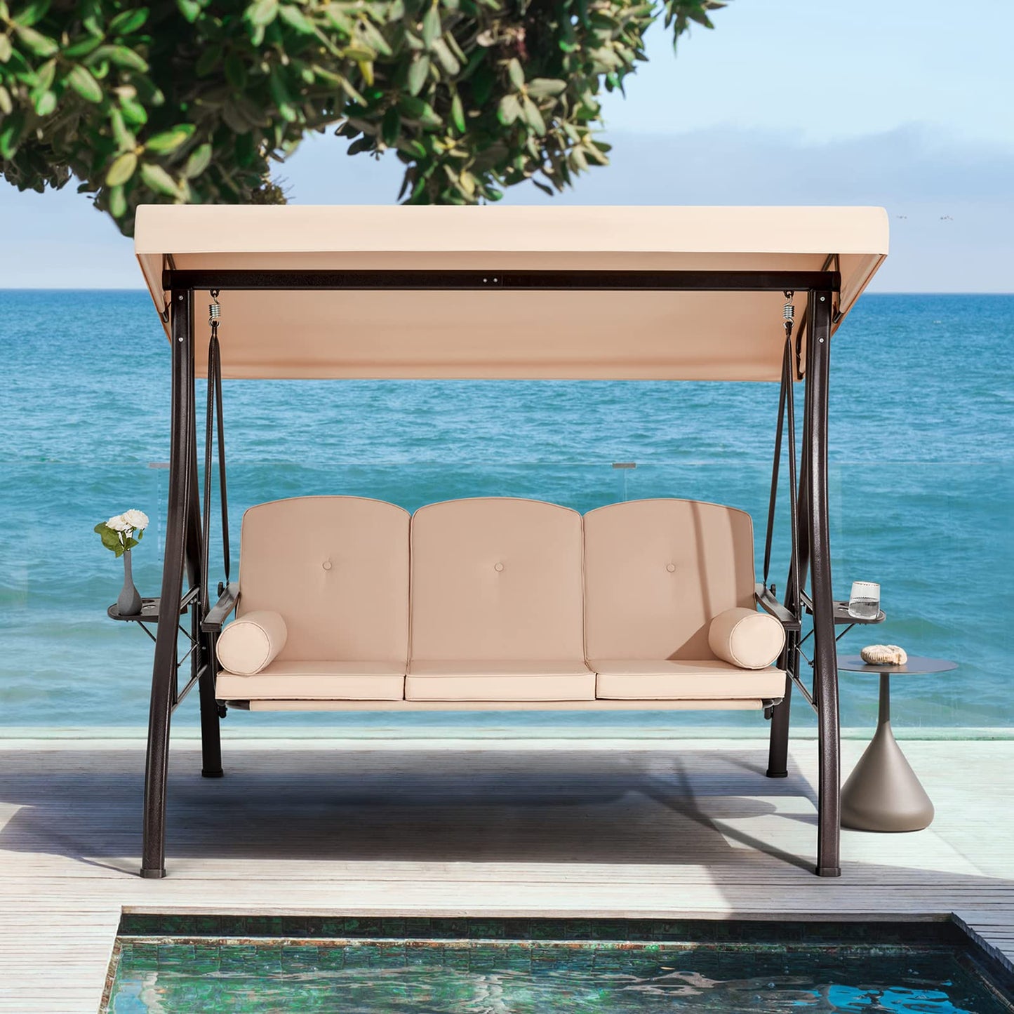 HOMREST 3 Person Outdoor Porch Swing with 1.5" Upgraded Cup Holder, Adjustable Canopy, Backrest, Patio Swing Bed with Weather Resistant Steel Frame, Cushions for Garden,Deck and Poolside(Khaki)