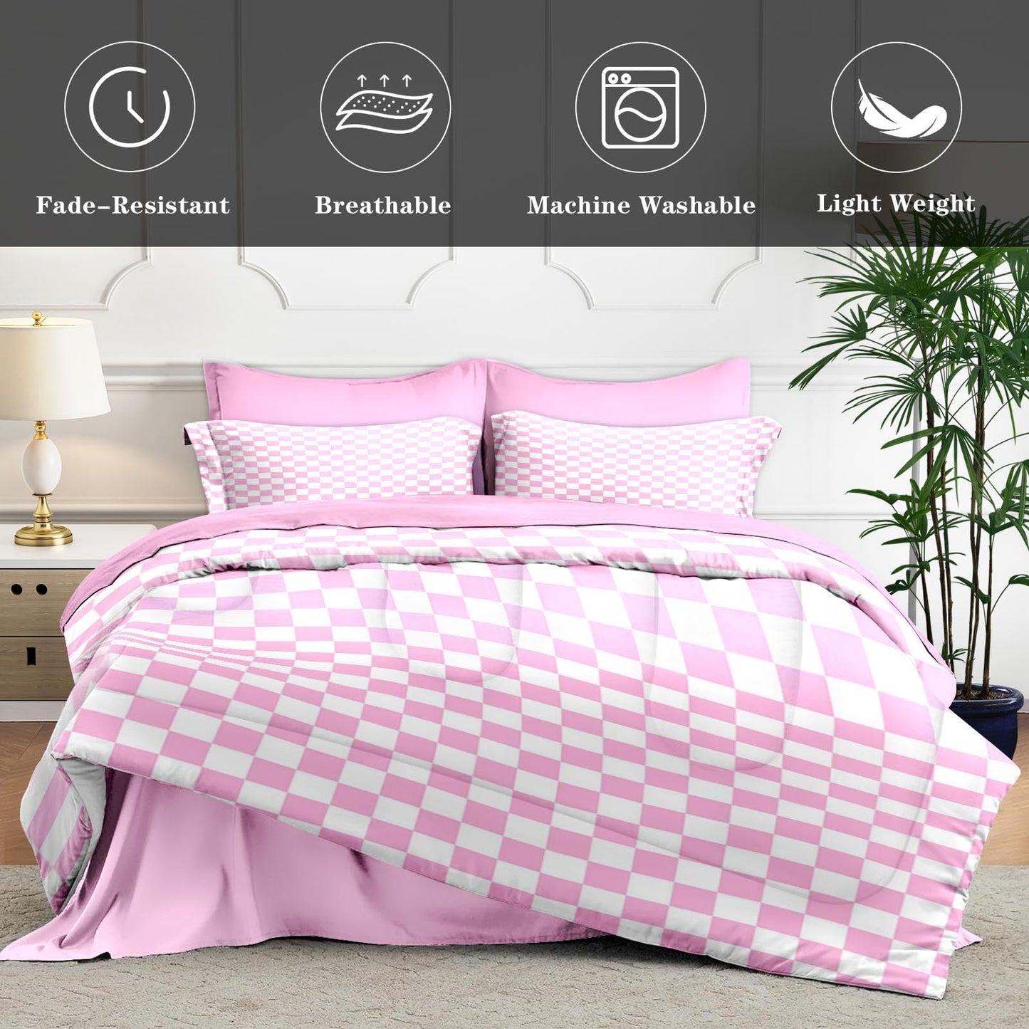 Plaid Checkerboard Grid Geometric Bean Pink Quilt Comforter Set 5 Pcs Twin Size, Checkered Modern Abstract Soft Bedding Set with Flat and Fitted Sheet Pillowcases Sham for Adults Bedroom Bed Decor