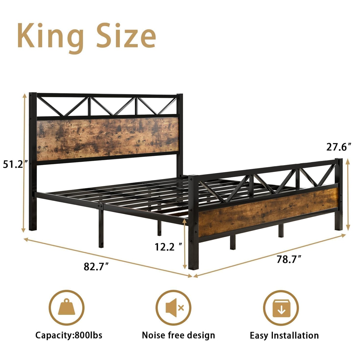 CHABUILDREARK King Size Bed Frame and 51.2" Tall Headboard, King Platform Bed Frame with Headboard, Heavy Duty Metal Slats Support, No Box Spring Needed, Noise-Free, Easy Assembly, Rustic Brown