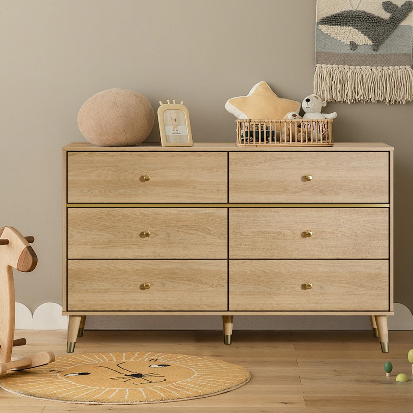 Chrangmay 6 Drawer Dresser,47" Wide Mid Century Modern Chest of Drawers,Wooden Bedroom Drawer Dresser with 6 Storage Drawers for Bedroom,Living Room,with Anti-Tipping Device,Wood