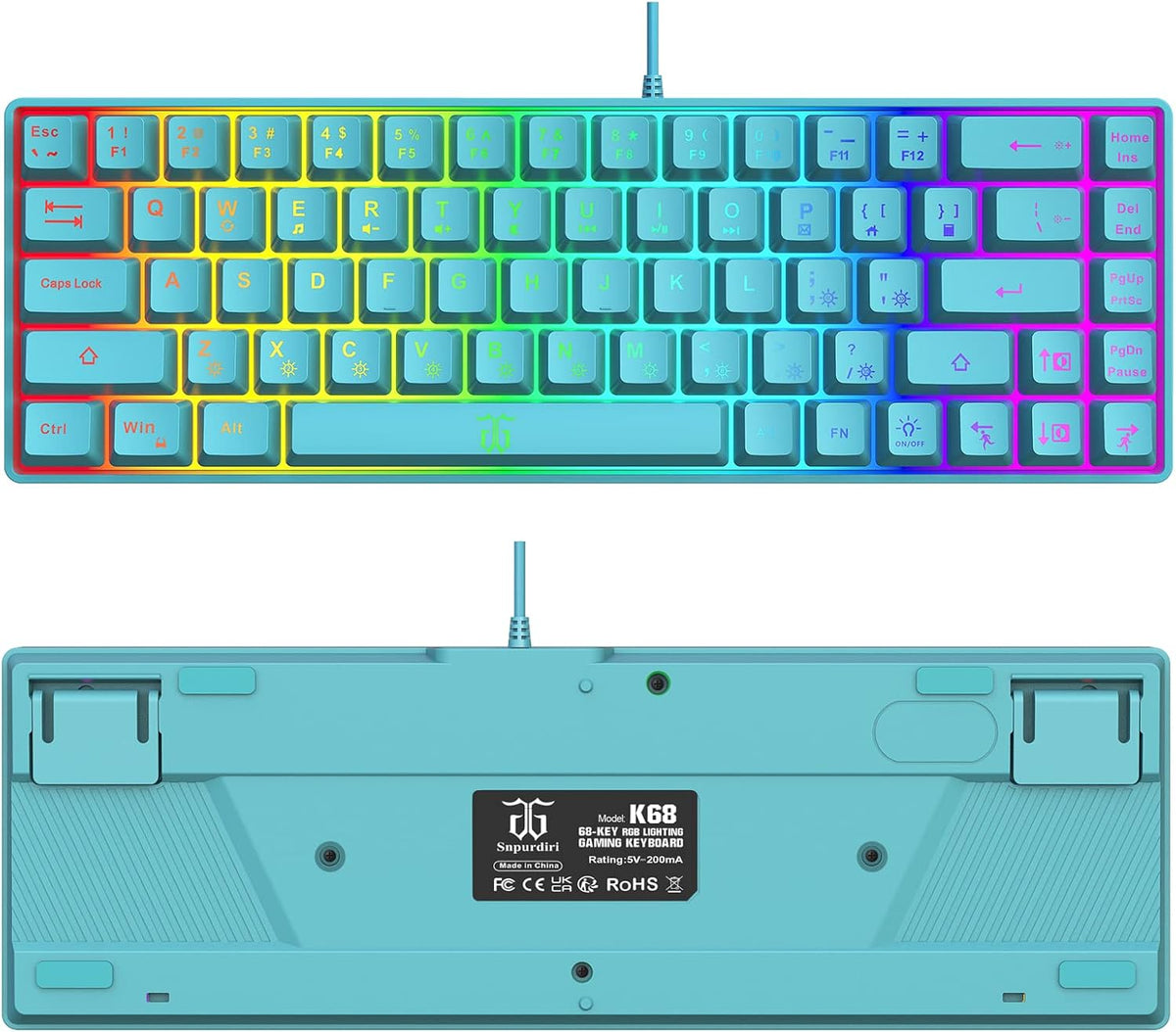 Snpurdiri 65% Membrane Gaming Keyboard, RGB (68 Keys,Blue)