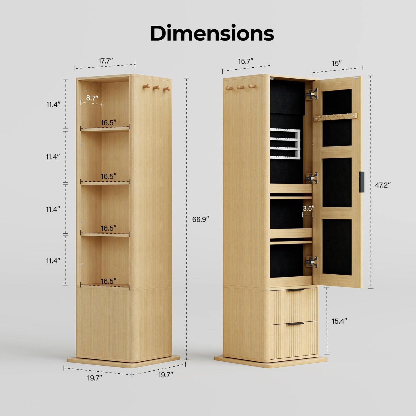 IRONCK 360° Rotating Full-Length Mirror Cabinet with Jewelry Storage, 4-Shelf Bookcase & Hooks, Wave Design, Under 20x20 inches for Small Spaces, Oak