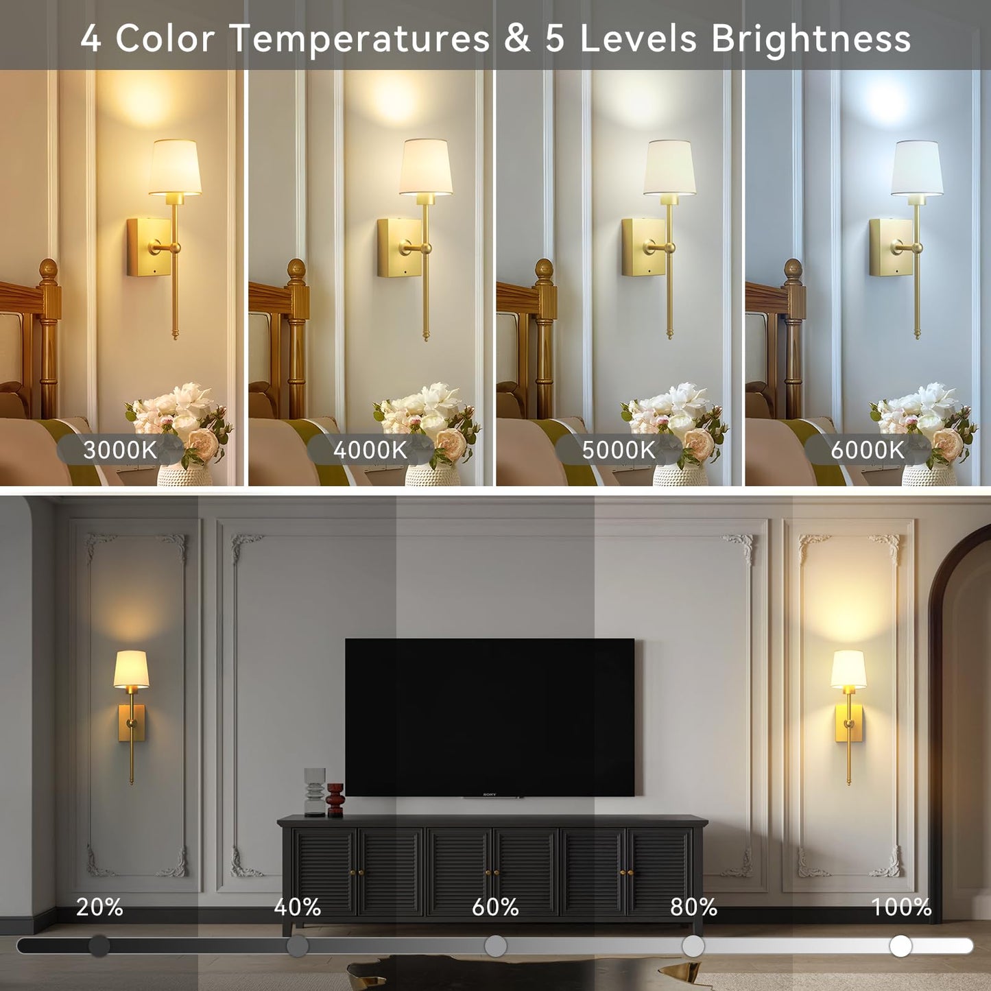 Battery-Operated Wall Sconces Set of 2: 6000mAh Rechargeable Wall Lights with Remote Control, Wireless Battery Powered Wall Lamp Wall Scone for Living Room Bedroom Hallway Bathroom (Gold)