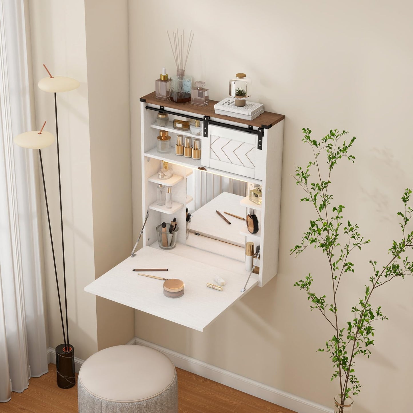ARTETHYS Floating Vanity Desk with Mirror and Lights Small Wall Mounted Makeup Set with Storage White Farmhouse Dressing Table for Tiny Space