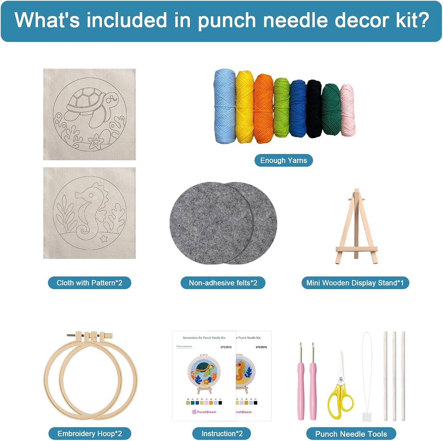 Punch Needle Kit for Beginner, 2-Pcs Punch Embroidery Starter Kit– Easy Adult Stitch Set with Instructions – Fun DIY Needle Point Craft for Home Art Decor & Gift Idea (Sea Turtle & Sea Horse)