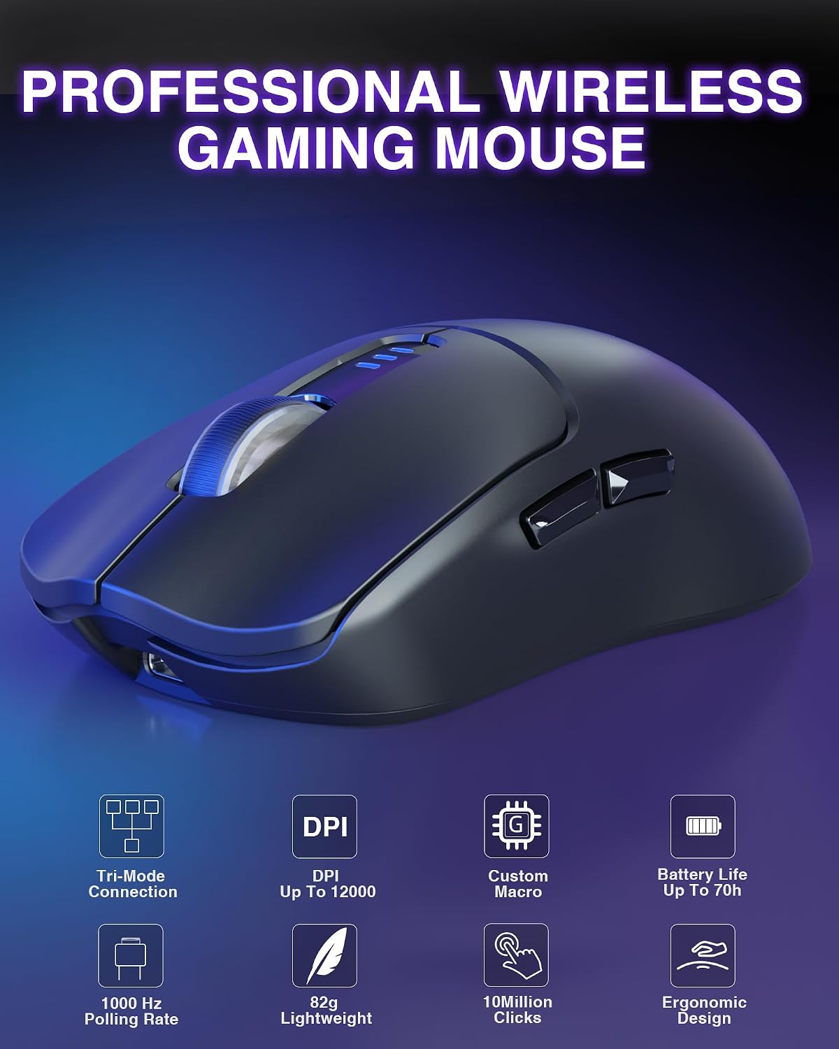 AULA SC580 Wireless Gaming Mouse, Tri-Mode 2.4G/BT5.0/USB-C Gaming Mouse, 12000 DPI Rechargeable Wireless Mouse with 6 Programmable Buttons, Ergonomic Computer Mouse for Laptop/PC/Mac/Tablet