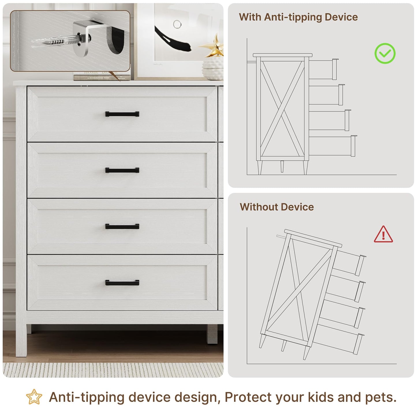 LYNSOM Farmhouse 8 Drawer Dresser for Bedroom, 55 Inch Wide Wood Rustic Chest of Drawers with X-Marking & Bar Handle, Large Storage Dressers Organizer for Bedroom, Living Room, White
