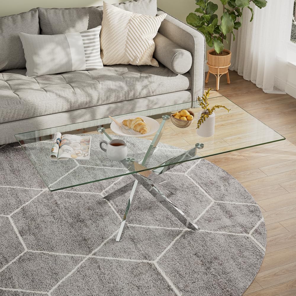 NIERN Tempered Glass Coffee Table with Chromed Legs, Rectangle Modern Living Room Table for Home Office Living Room (Sliver, 40” x 20” x 17”)