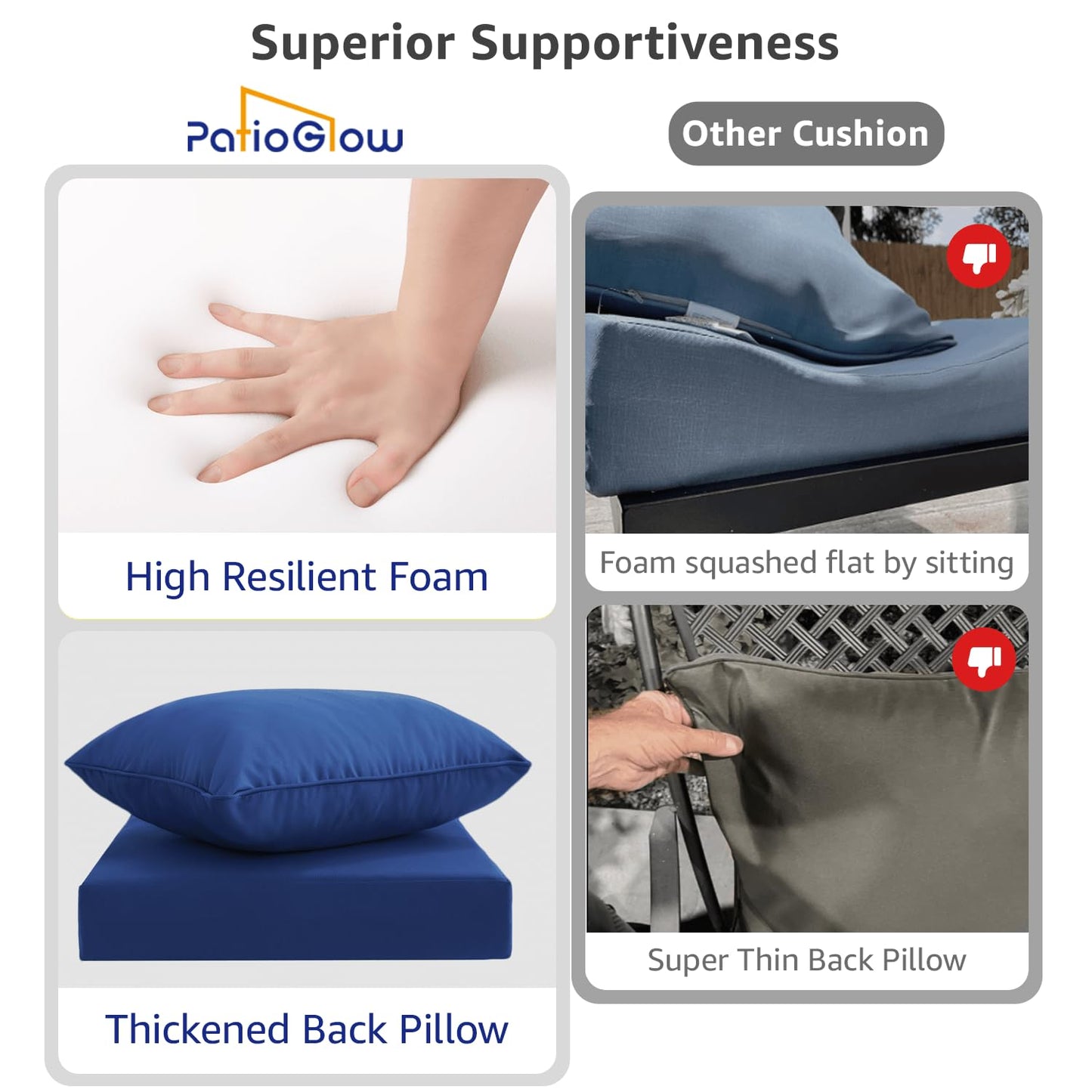 PatioGlow Outdoor Seat Cushion Set 24 x 24 x 4 Inch, Waterproof & Fade Resistant Patio Furniture Cushions with Removable Cover and Ties, Thick Deep Seating Pads for Outside Chair Sofa Couch, Blue
