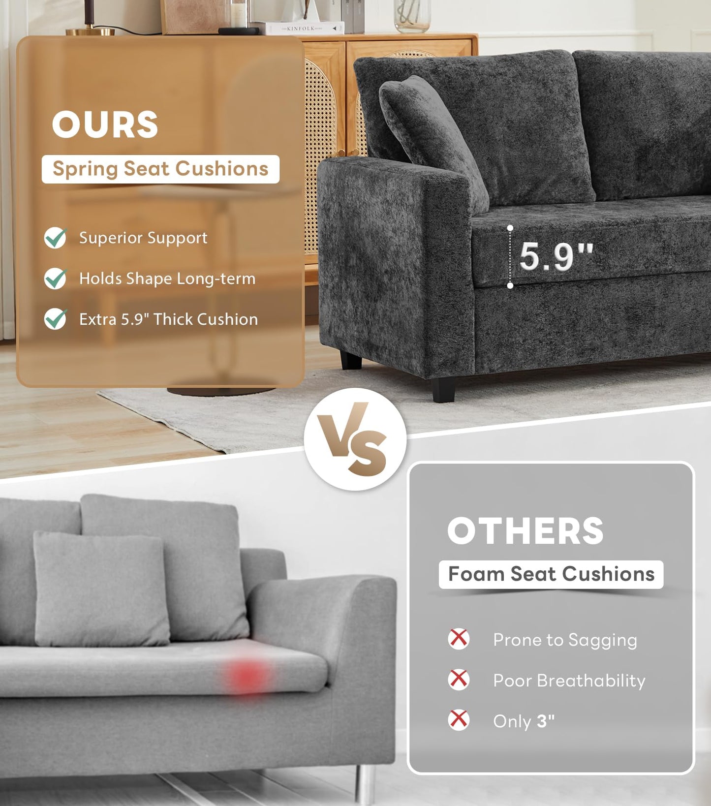 Tbfit 59.4'' Oversized Chaise Lounge Chair Indoor, Upholstered Loveseat Sofa with Storage Ottoman, Pillows & Armrests, Chenille Sleeper Chair, Comfy Couches for Living Room, Bedroom, Apartment, Black