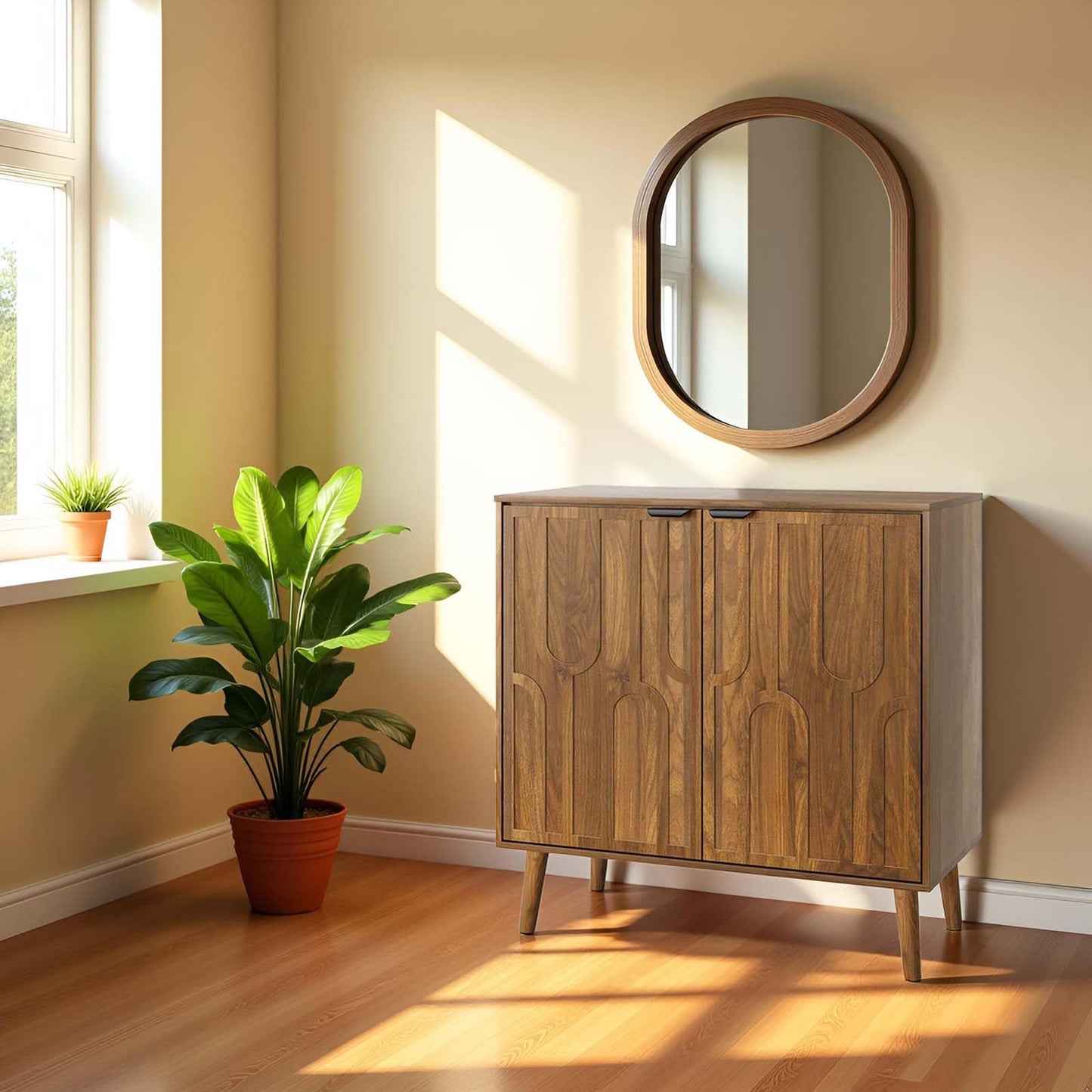 YMW Sideboard Buffet Cabinet, Mid Century Modern Storage Cabinet with Paper Clip Design Doors and Adjustable Shelves, Boho Style Wooden Buffet Cabinets for Hallway, Entry, Living Room, Walnut