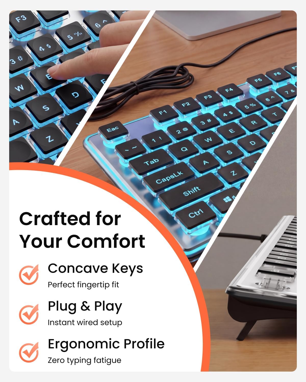 Wired Keyboard with Blue Backlight Pudding Keycaps, Full Size, Black