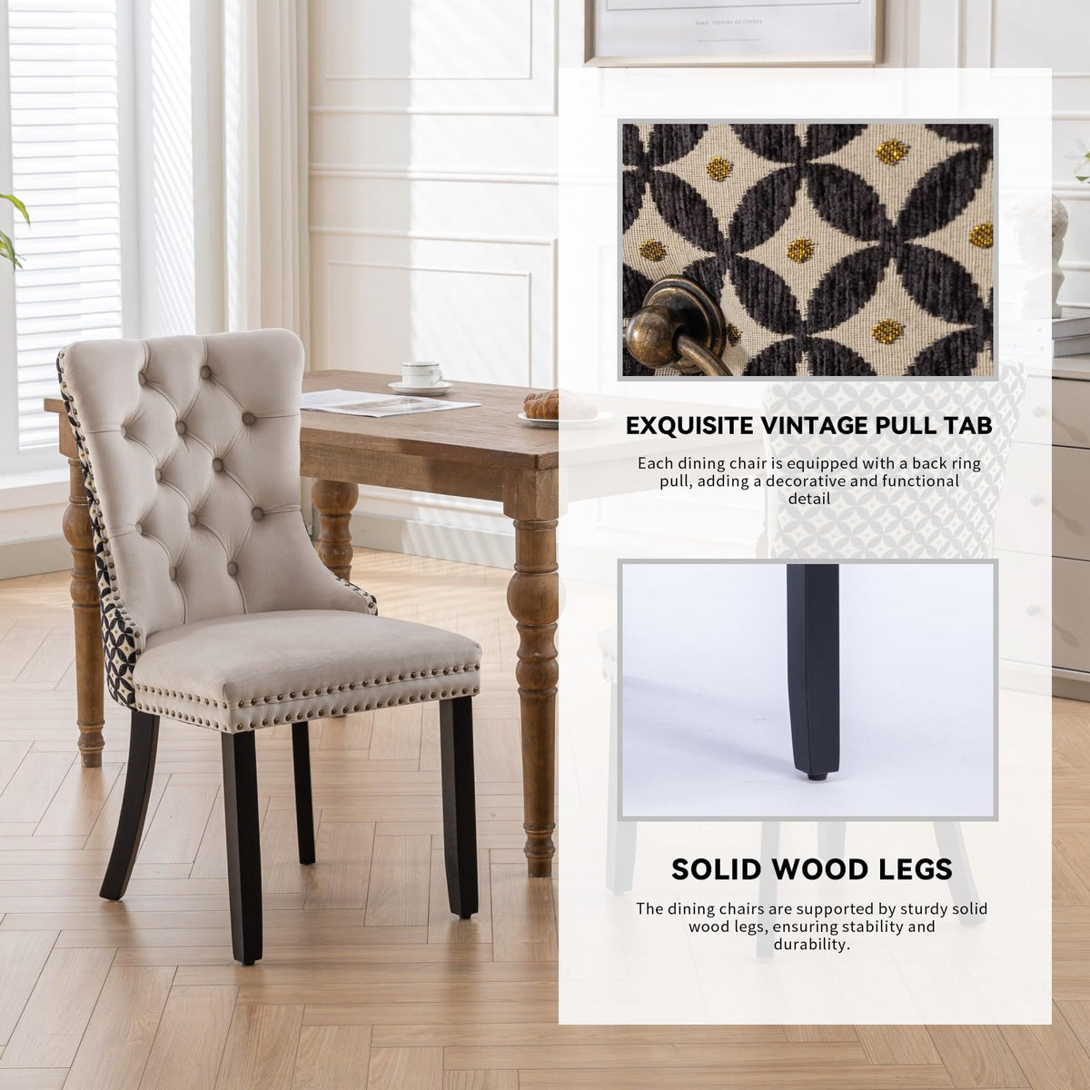 LKTART Velvet Dining Chairs Set of 6, Tufted Dining Room Chair with Nailhead Ring Pull Trim, Upholstered Dining Chair with Solid Wood Legs for Kitchen Dining Room Beige and Patterned