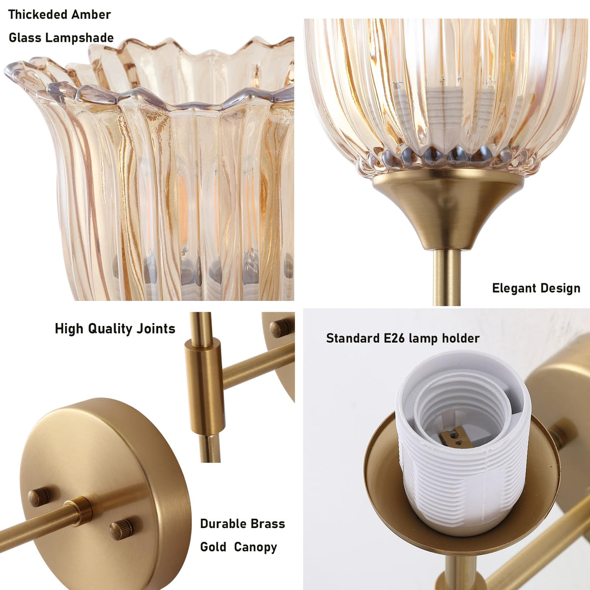 BYOLIIMA Gold Wall Sconce Set of 2 with Amber Glass Shades Modern Mid Century Bathroom Vanity Wall Light Fixtures Industrial Brushed Brass Wall Lamp for Bedroom Mirror Living Room Restaurant