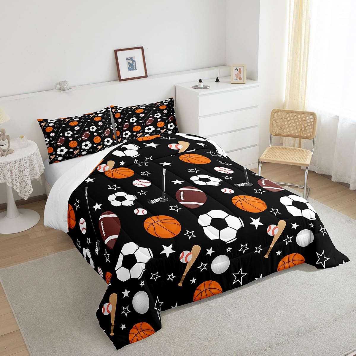 Feelyou Sports Theme Bedding Set Twin Size Basketball Football Baseball Hockey Comforter Set for Kids Boys Girls Teens Toddler Ball Games Duvet Set Black Quilt Set 2Pcs