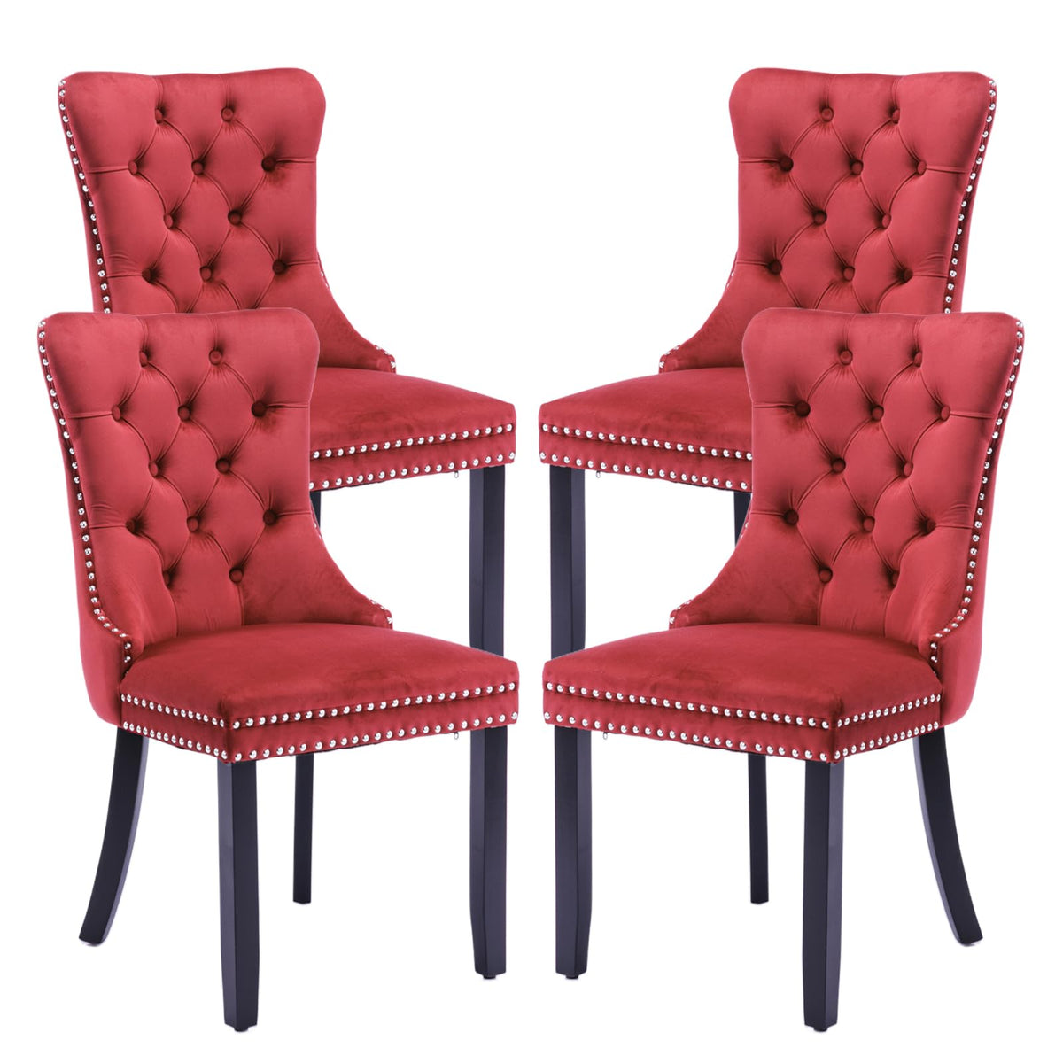 SoarFlash Velvet Dining Chair Set of 4, Upholstered Tufted Dining Room Chair with Nailhead Trim and Solid Wood Leg for Kitchen (Wine Red)