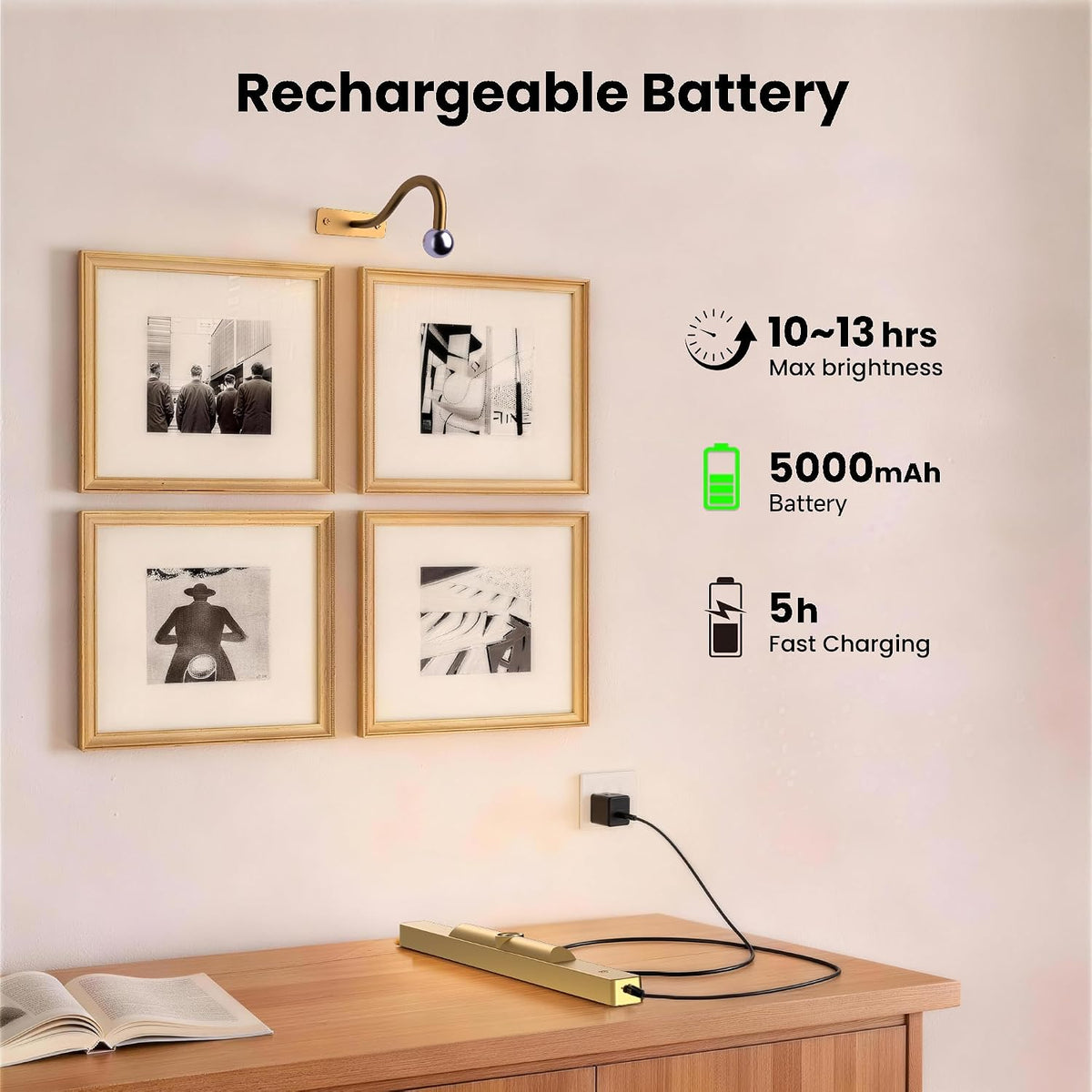 Wireless Picture Light Battery Operated, 16in Picture Light for Wal, 2Pack Rechargeable 5000mAh Battery Wall Sconce for Wall Pictures, Gallery Artwork, Paintings, Portraits, Dartboards_Antique Gold