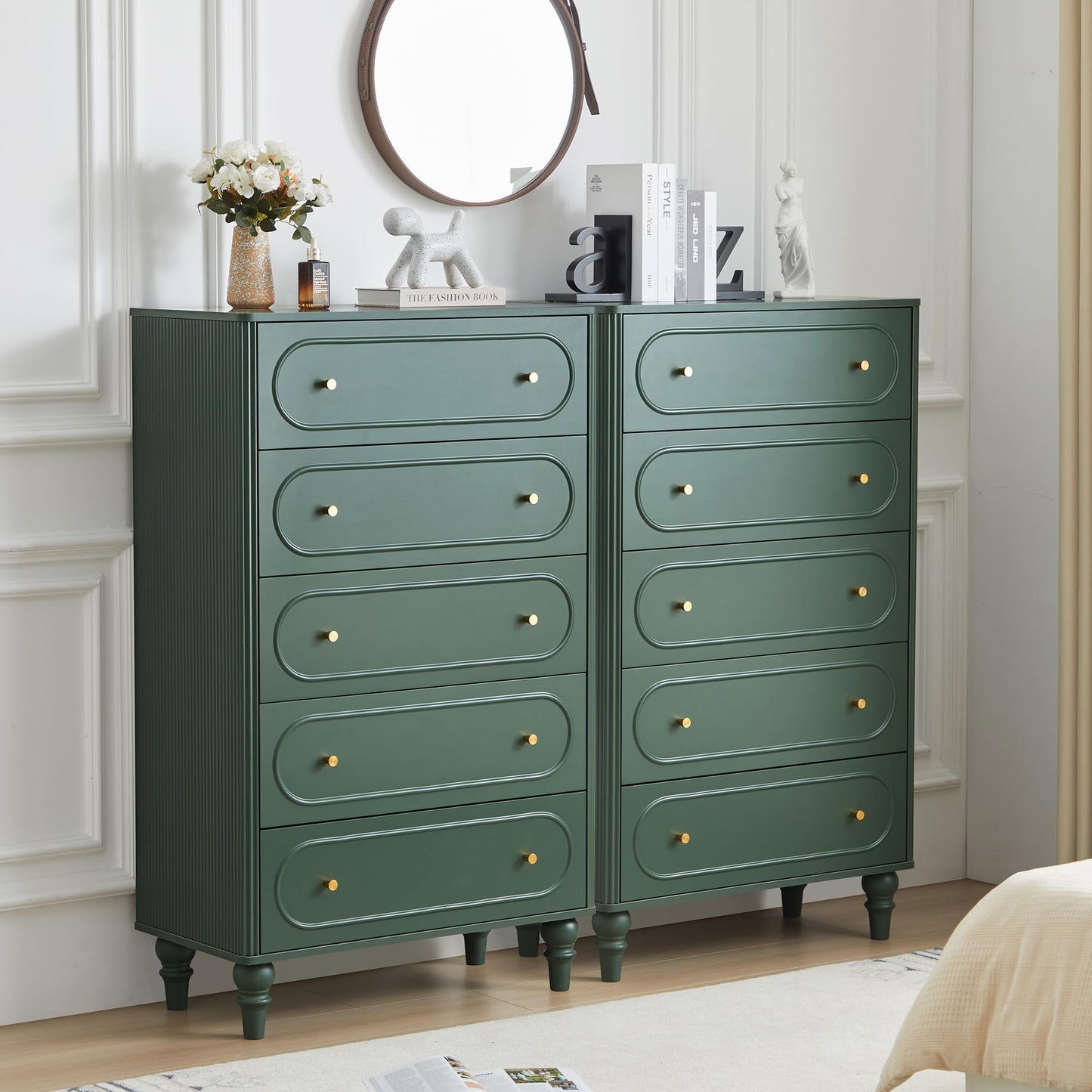 ORRD 5 Drawer Fluted Dresser for Bedroom, Mid Century Modern Chest of Drawers, Wood Storage Large Dresser Organizer for Bedroom Living Room Hallway Closet, Green