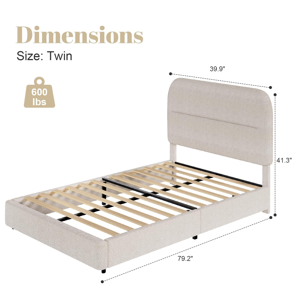 Twin Size Boucle Bed Frame, Upholstered Bed Frame with Headboard, Twin Bed Frames for Kids, Thickened Footboard/Rounded Corners/Adjustable Headboard/No Box Spring Needed/Easy Assembly, Beige