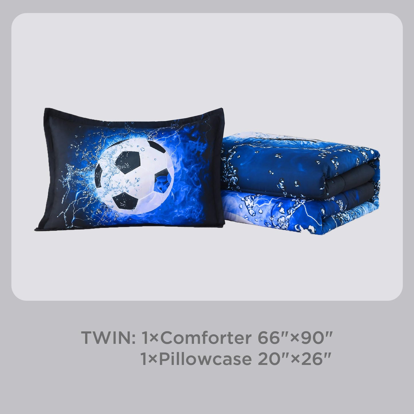 Andency Soccer Comforter Twin(66x90 Inch), 2 Pieces(1 Soccer Comforter, 1 Pillowcase) Blue Flame Soccer Comforter Set Sport Microfiber Bedding Set for Boy Girl Kids, Teen
