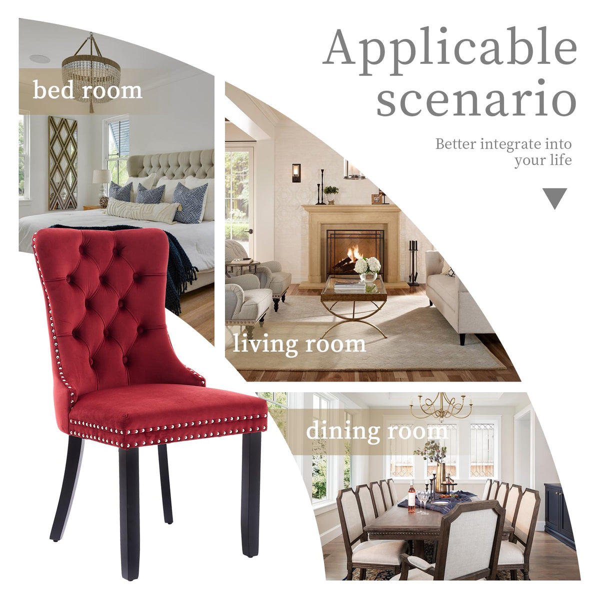 LKTART Dining Chairs Set of 6 Velvet Upholstered Tufted Back with Nailhead Trim and Back Ring Pull Solid Wood Legs for Kitchen Bedroom Dining Room Burgundy Red