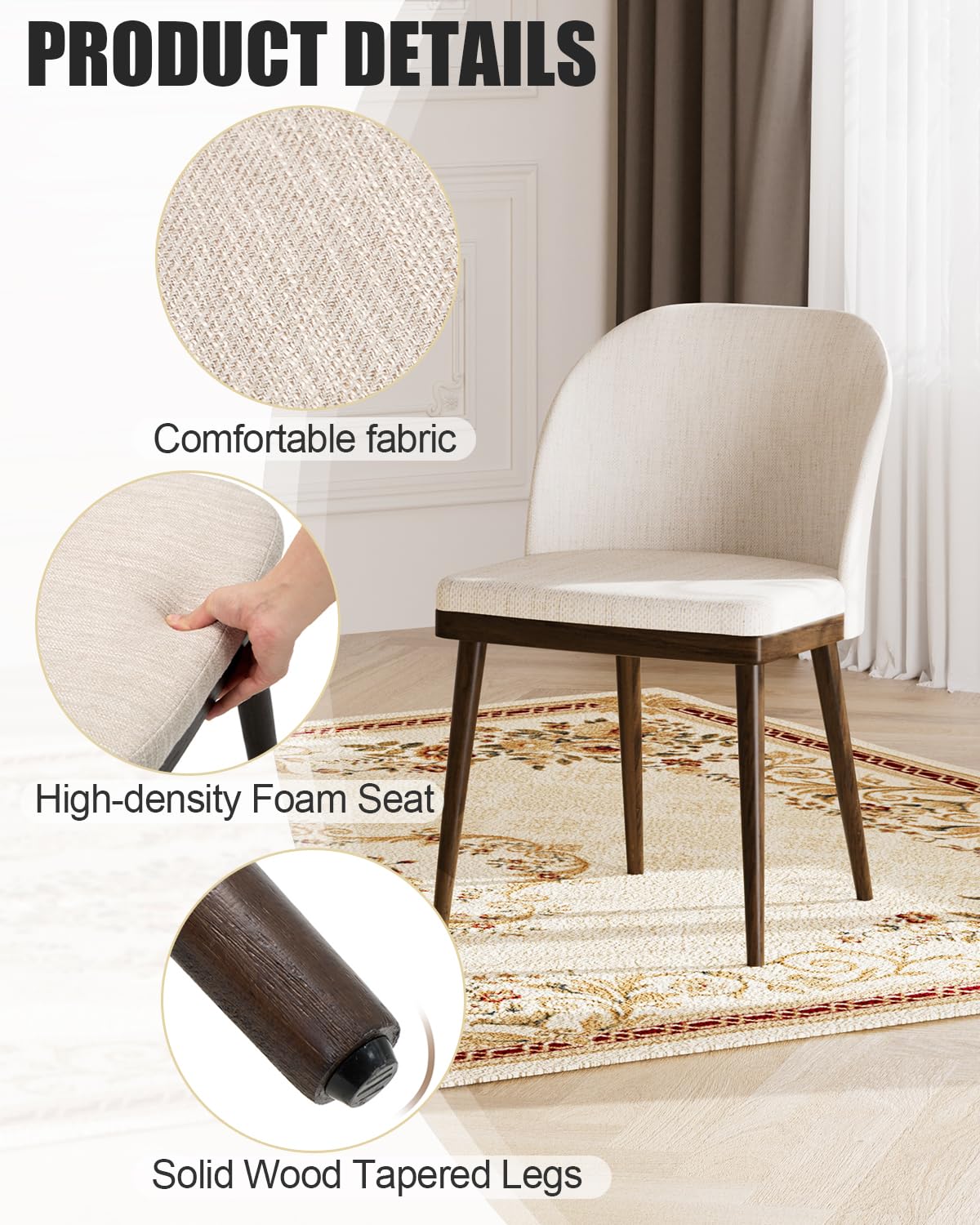 Homixis Upholstered Dining Chairs Set of 6 - Line Fabric Modern Dining Room Chairs, Mid-Back Restaurant Kitchen Chairs with Wooden Legs