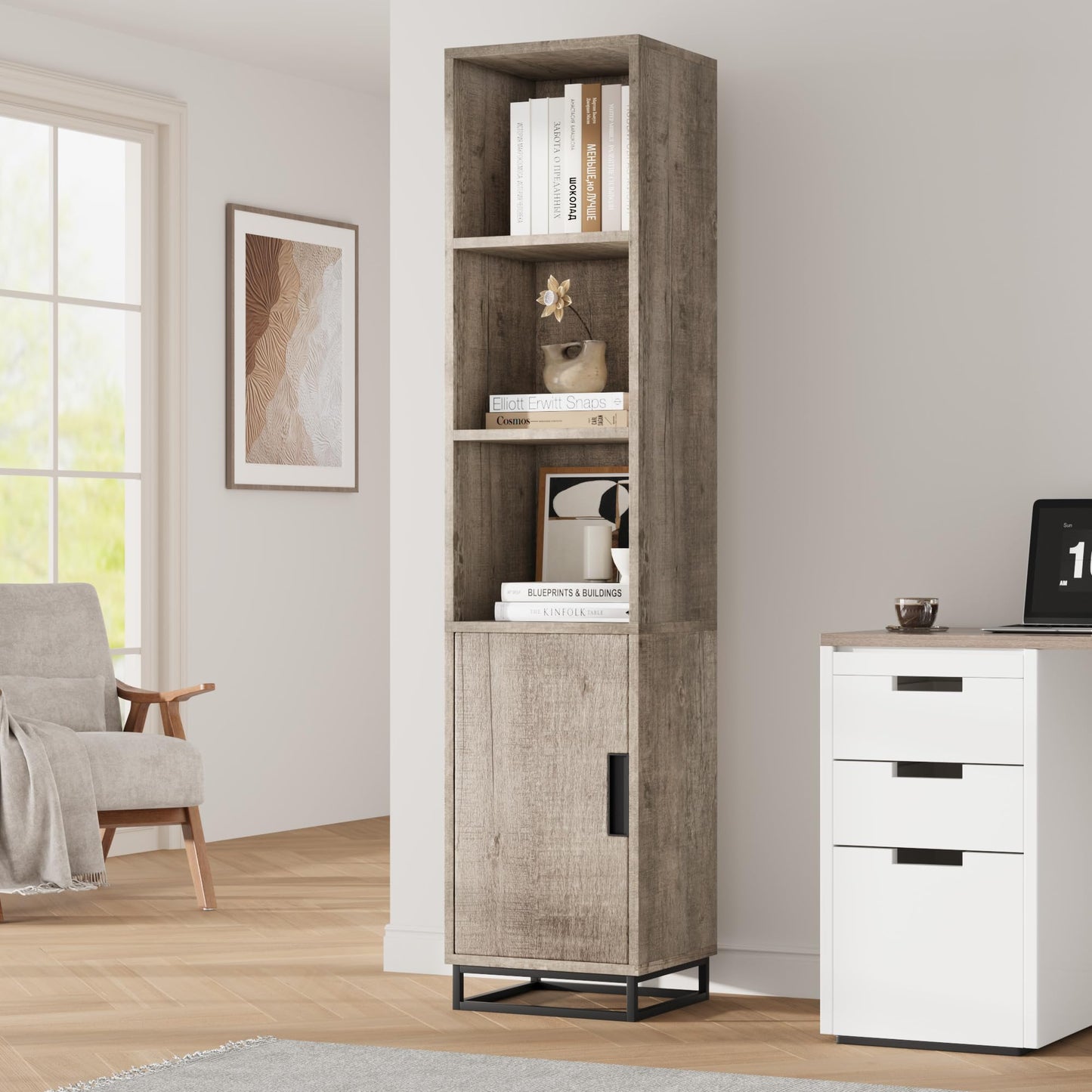 GarveeHome Tall Bathroom Cabinet, 70" Narrow Storage Cabinet with Door and Adjustable Shelf, Open Storage Freestanding for Laundry Room, Kitchen, Living Room, Small Space, Grey