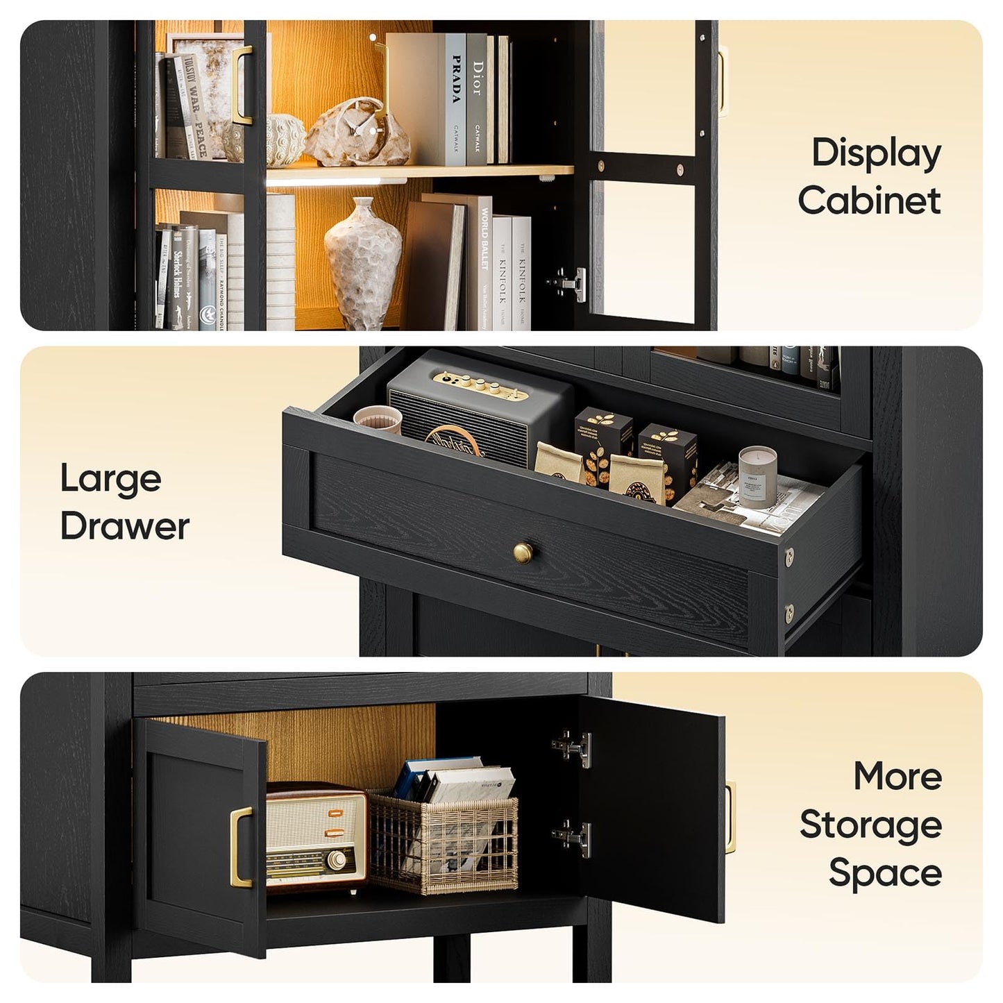 OTDMEL 71" Display Arched Storage Cabinet with Glass Doors & Auto Sensor LED Lights, Tall Modern Black Storage Cabinets with Drawers and Adjustable Shelves for Dining Room/Bathroom/Kitchen/Office