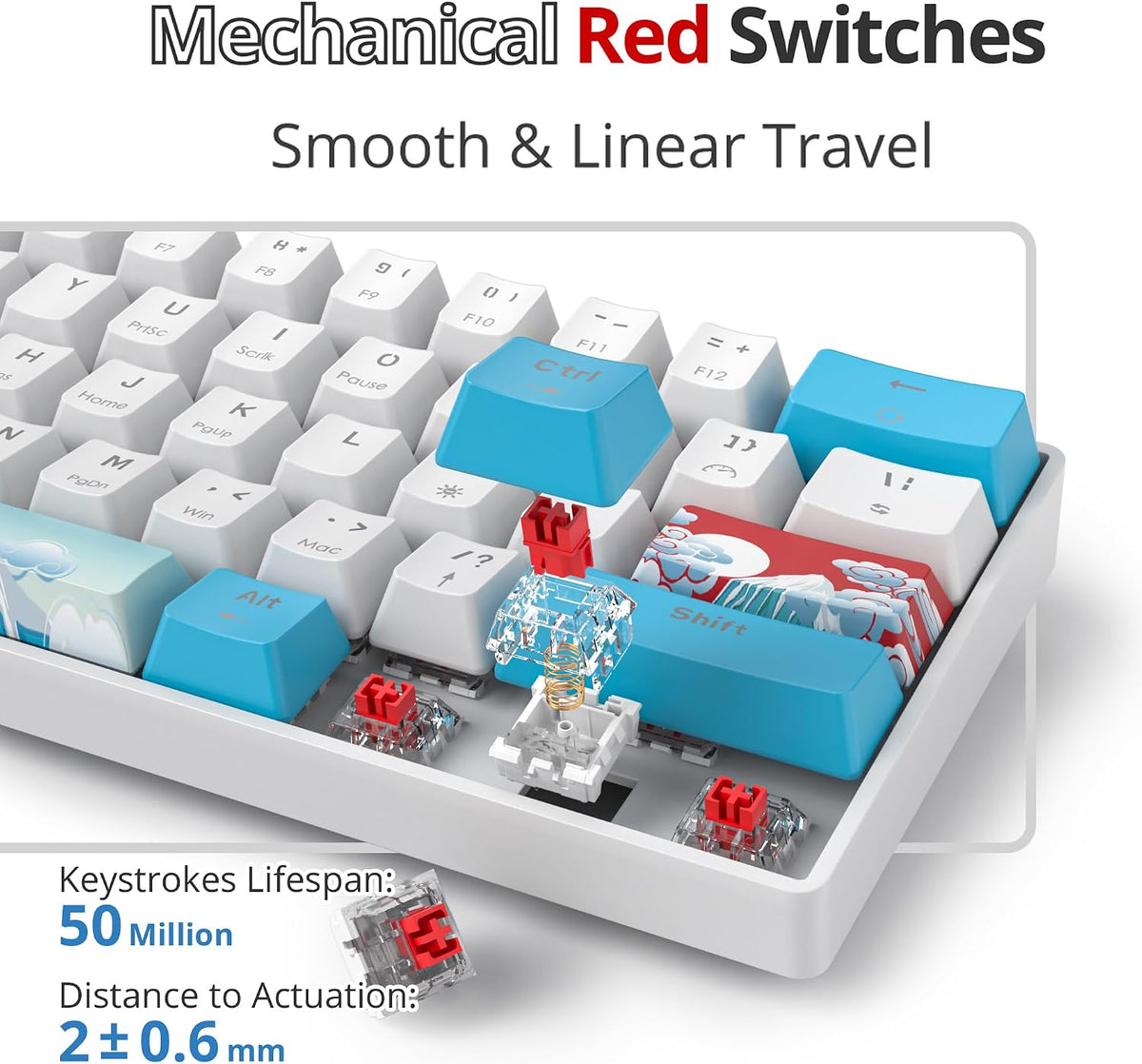 60% Mechanical Keyboard Blue and White, Compact 60 Percent Gaming Keyboard RGB Backlit, 61 Keys Mini Keyboard, USB Wired Office Keyboard for Windows Mac Laptop PC (61 Sea/Red Switches)