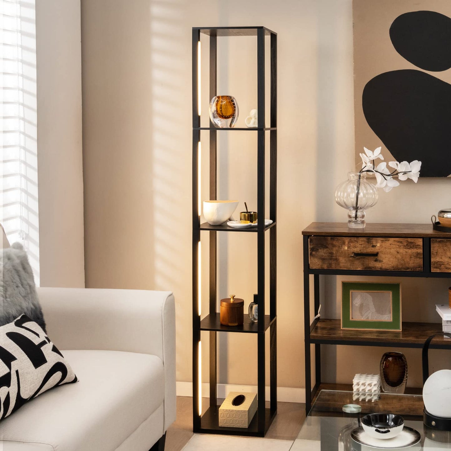 Tall Floor Lamp with Shelves, 3-Level Dimmable LED Light, Rotatable Poles, Foot Switch, 4-Tier Reading for Living Room, Bedroom, Office Decor
