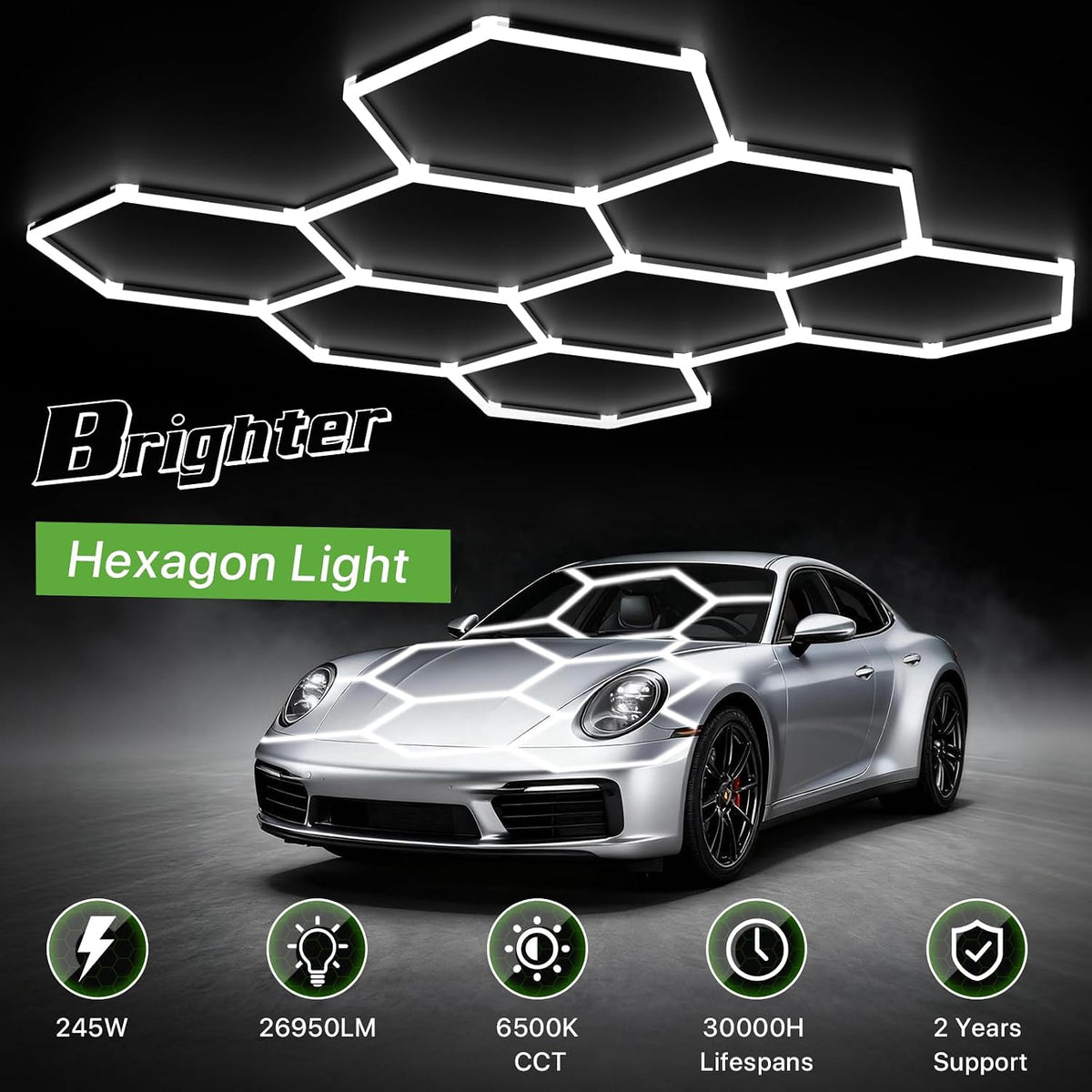 Glitgate LED Hex Lights: 245W 26,950LM 110LM/W 6500K, 100-240V, 8 Grid