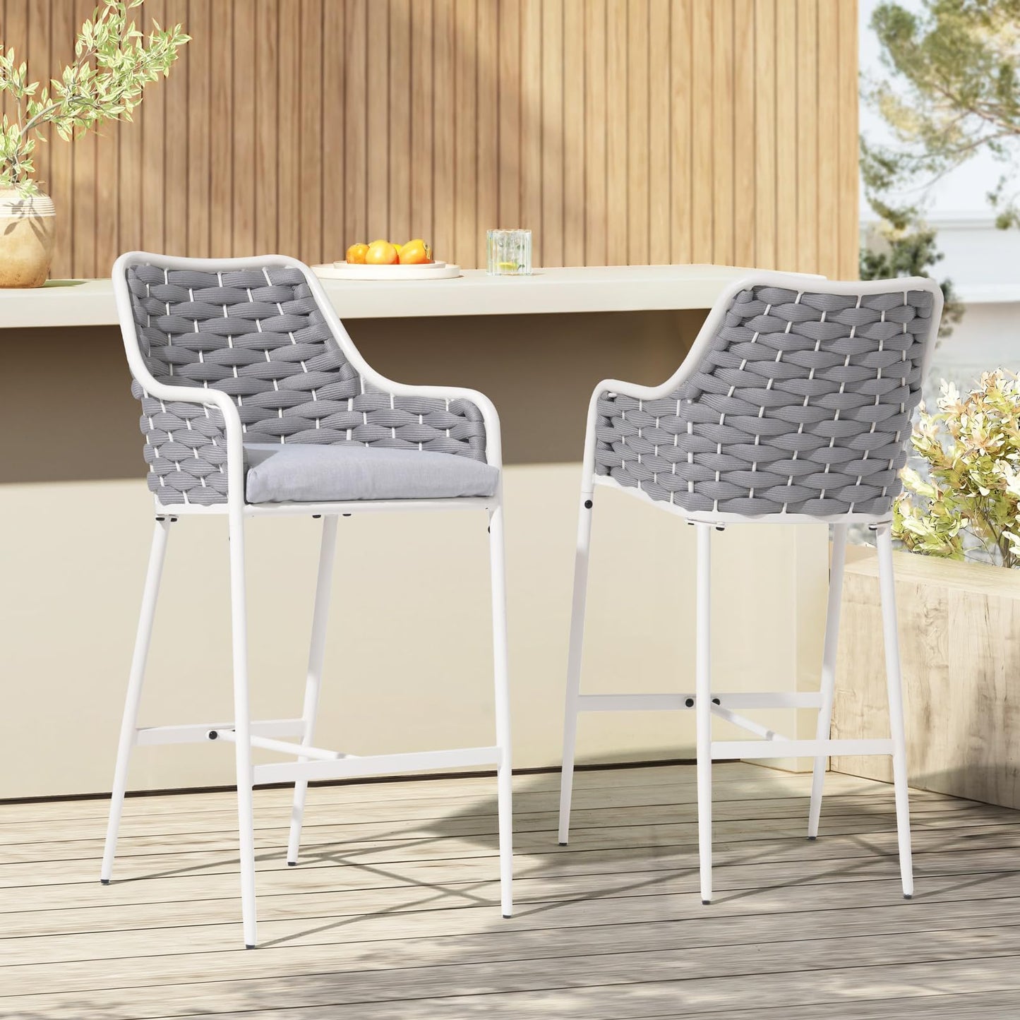 SUNSITT Outdoor Bar Stools Set of 2, 31.8” Patio Metal Counter Height Chairs w/Weather-Resistant Cushion, Woven Rope Design Modern Bar Height Outdoor Chairs w/Armrest Light Gray for Garden Poolside